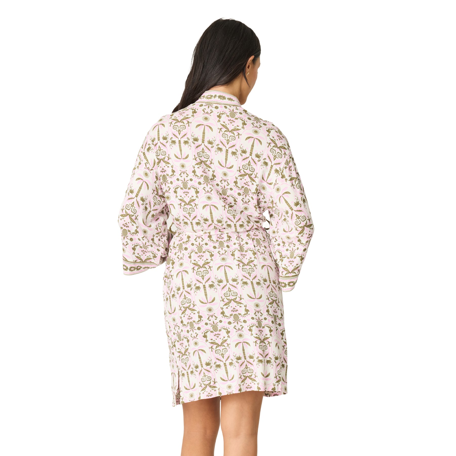 Back view of a women's pink floral print kimono robe featuring an all-over botanical pattern and relaxed silhouette.