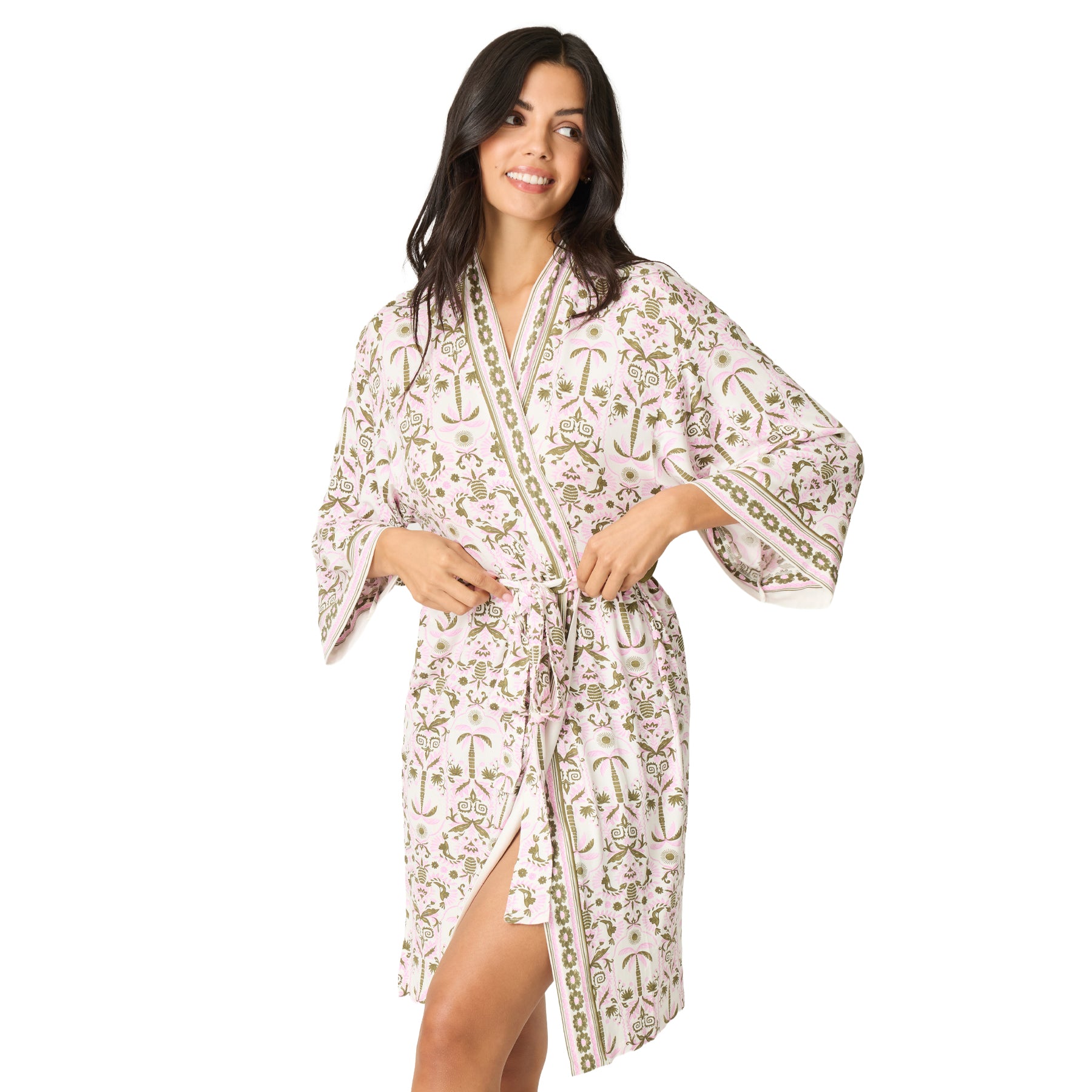 Women's soft pink kimono robe with an elegant botanical print, contrast trim, wide sleeves, and adjustable waist tie.