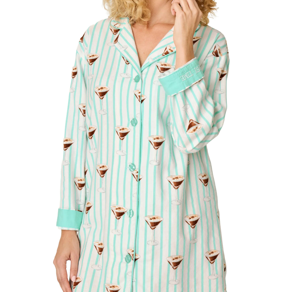 Close-up of PJ Salvage Tipsy Time sleepshirt featuring mint buttons, notched collar and espresso martini print, front view.