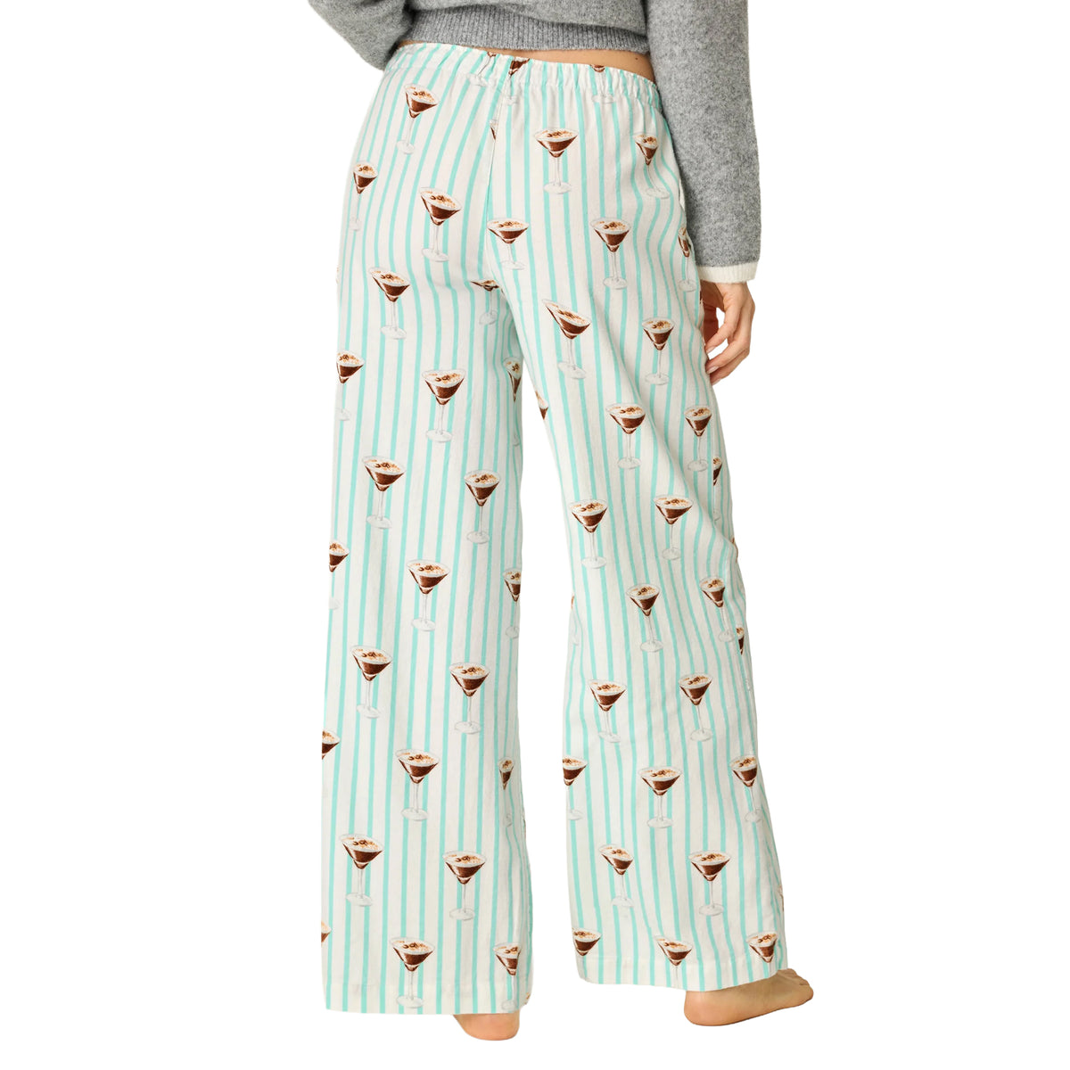 PJ Salvage Tipsy Time wide-leg pajama pants with espresso martini print and elastic waistband, back view.