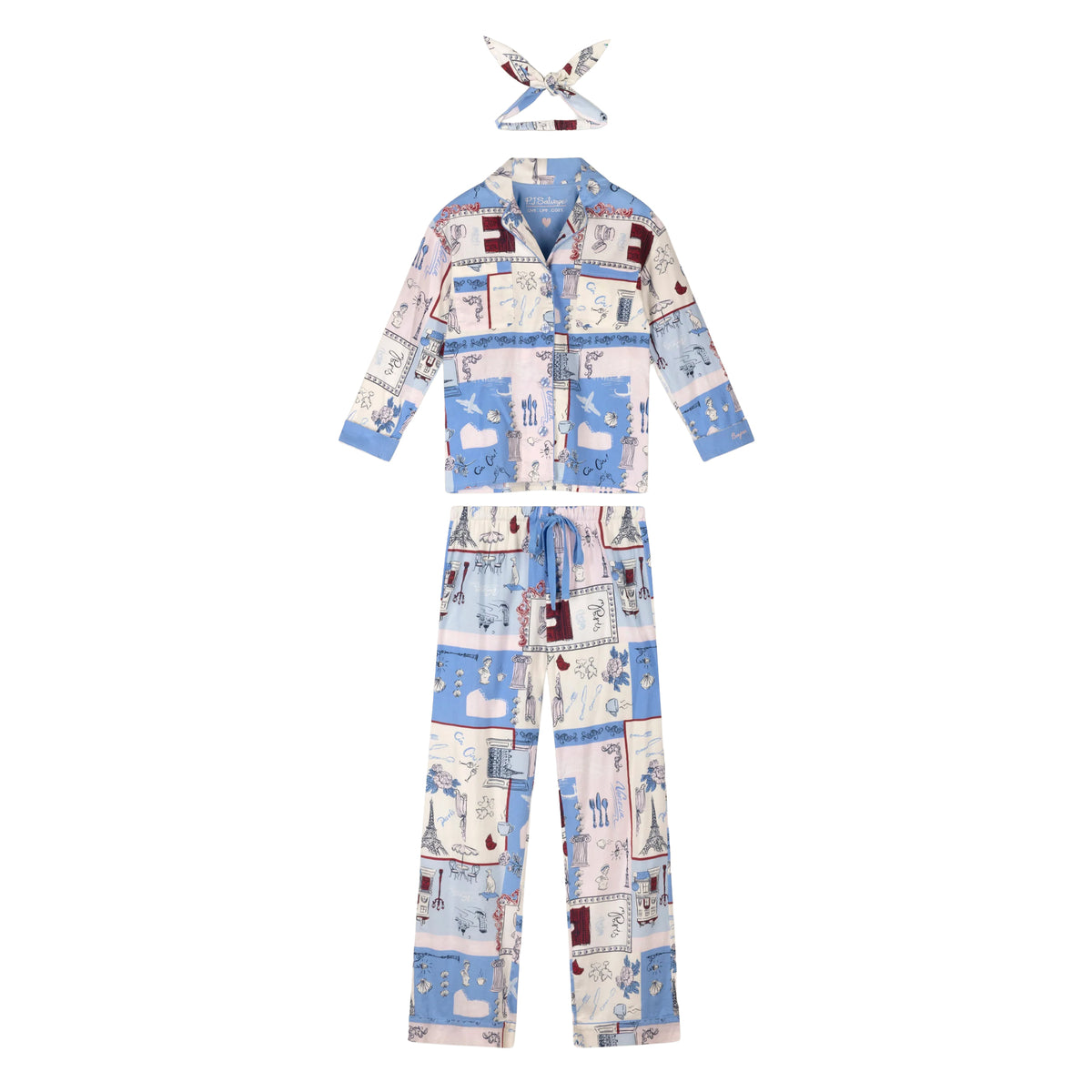 Blue, blush and cream Paris-inspired pajama set with long-sleeve button-up top, matching pants and coordinating headband.