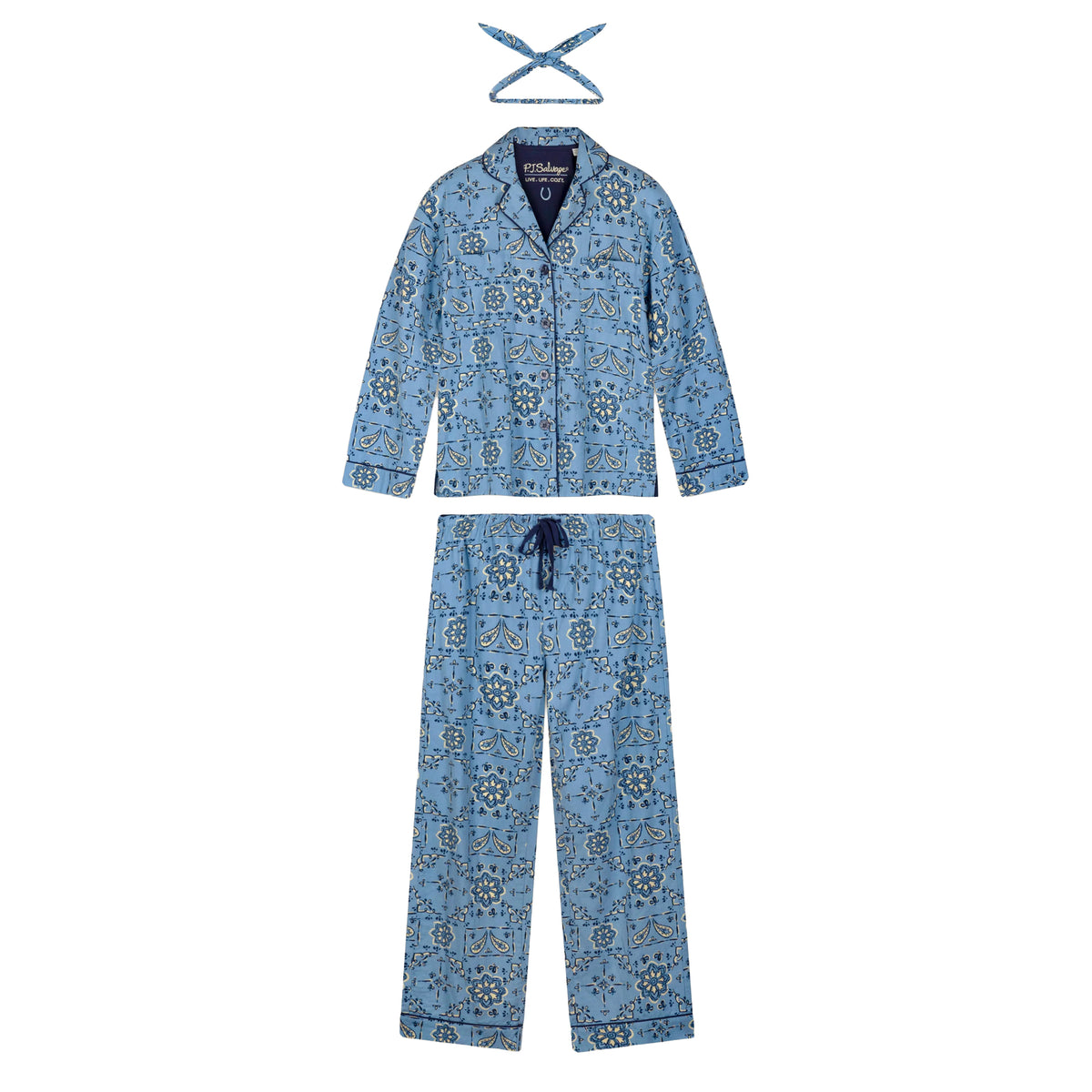 PJ Salvage Howdy flannel pyjama set in Chambray Blue featuring long sleeve button-down top, matching pants and coordinating headband, flat lay.