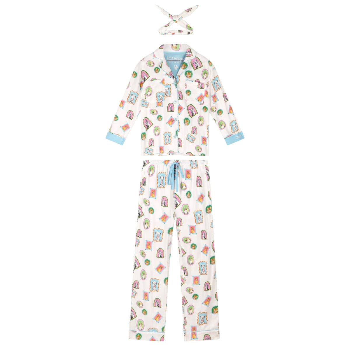Cream dog and cat print pajama set with button-up long-sleeve top, wide-leg pants, blue trim and matching headband.