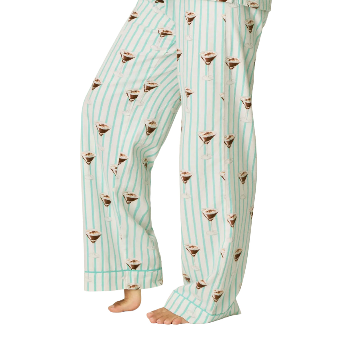 Close-up of PJ Salvage Tipsy Time pyjama pants featuring mint stripes, cocktail glass print and cuffed hems.