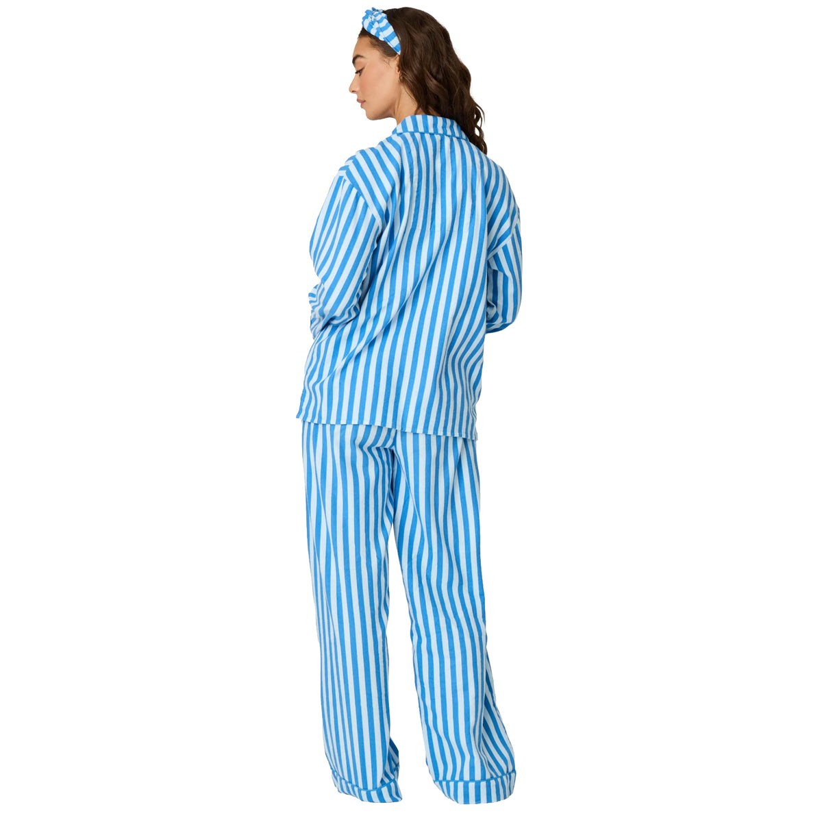 Blue and white striped flannel pajama set with long sleeves and full-length pants, back view.