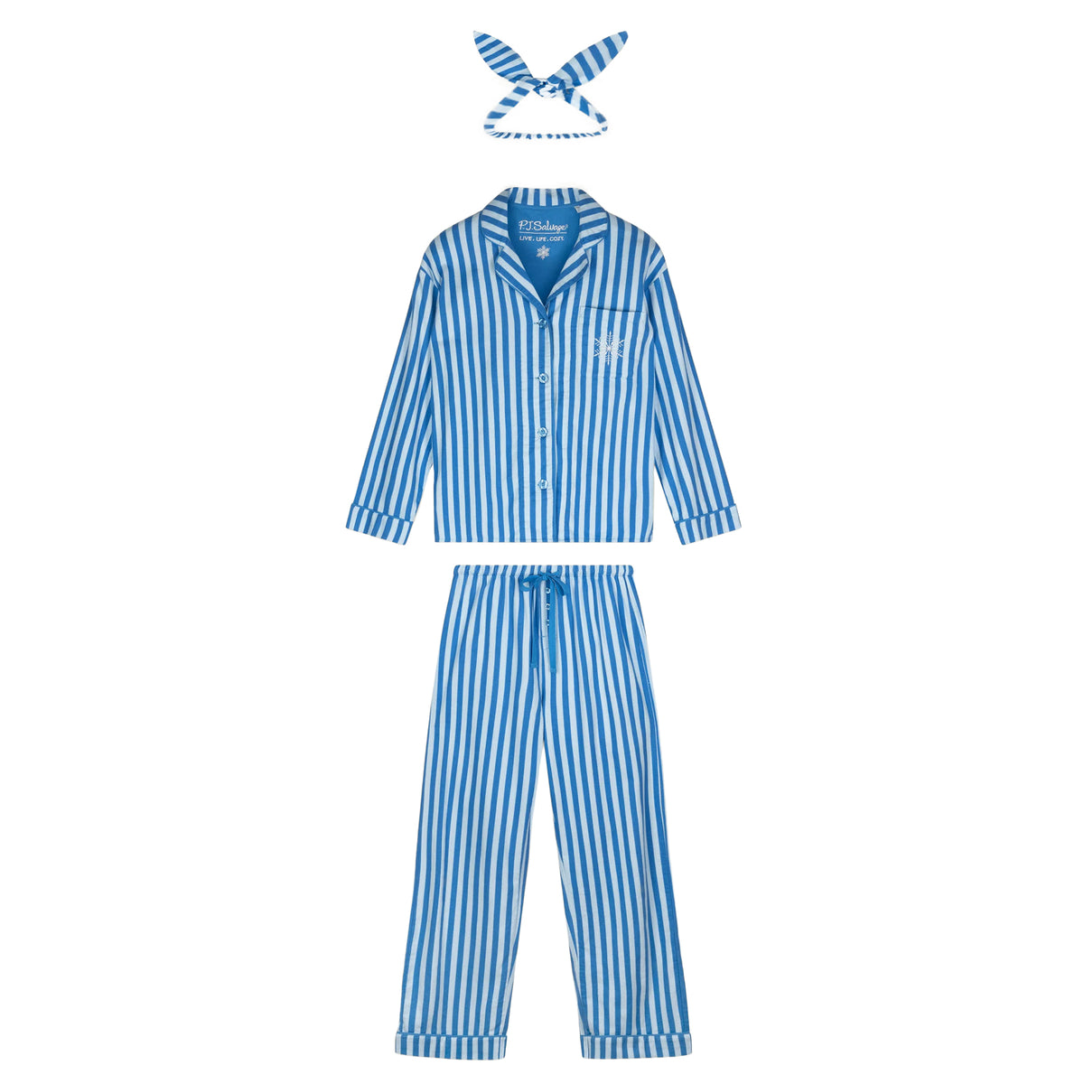 PJ Salvage blue and white striped flannel pajama set with button-up shirt, full-length pants and matching headband, flat layout.