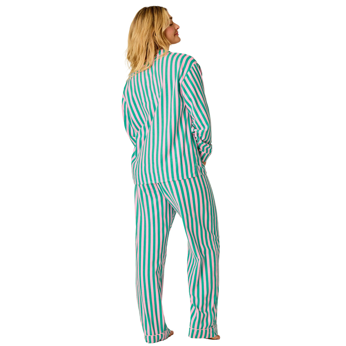 Pink and green striped PJ Salvage flannel pajama set with relaxed-fit pants and long-sleeve top, back view.