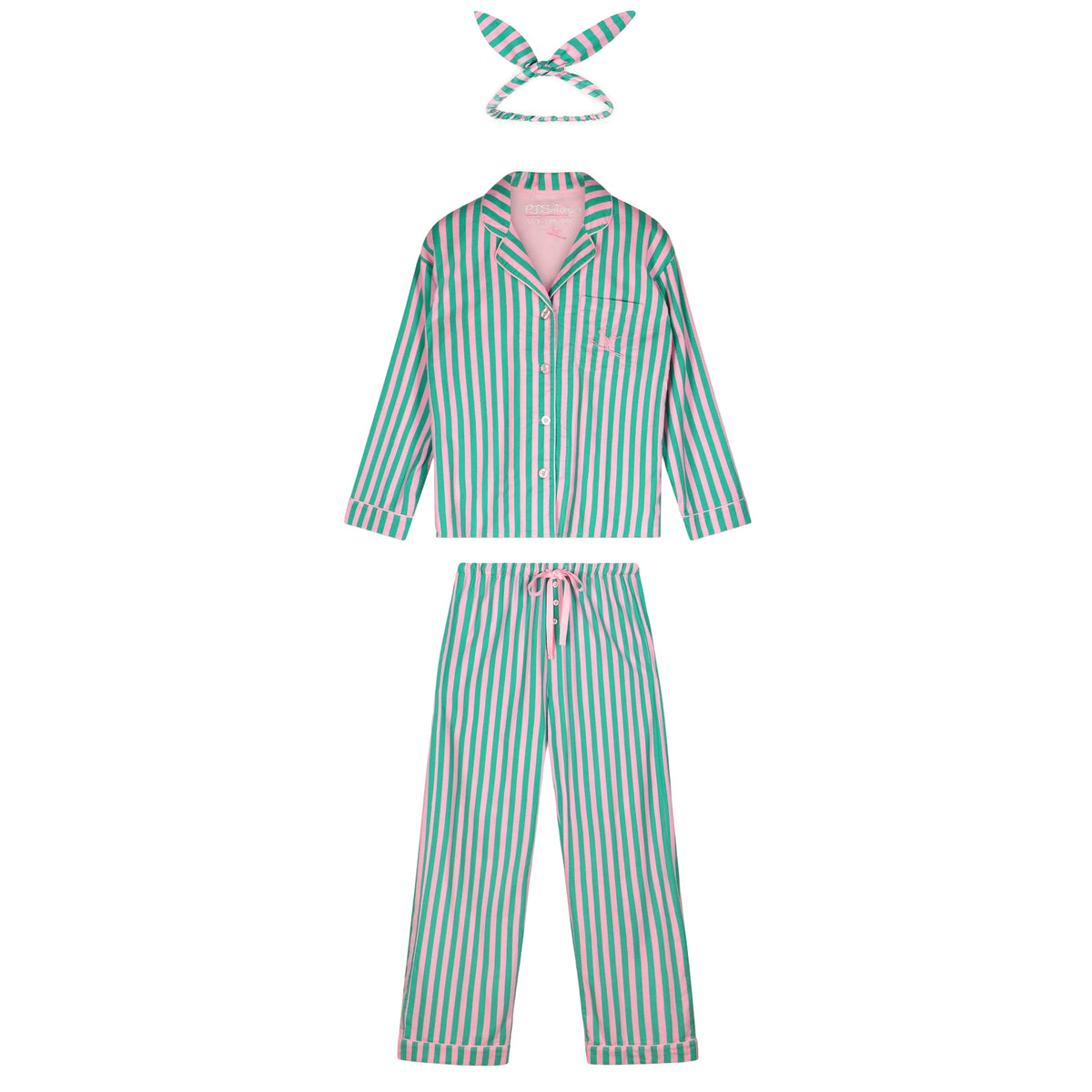 PJ Salvage pink and green striped flannel pajama set with button-up shirt, full-length pants and matching bunny-ear headband, flat layout.
