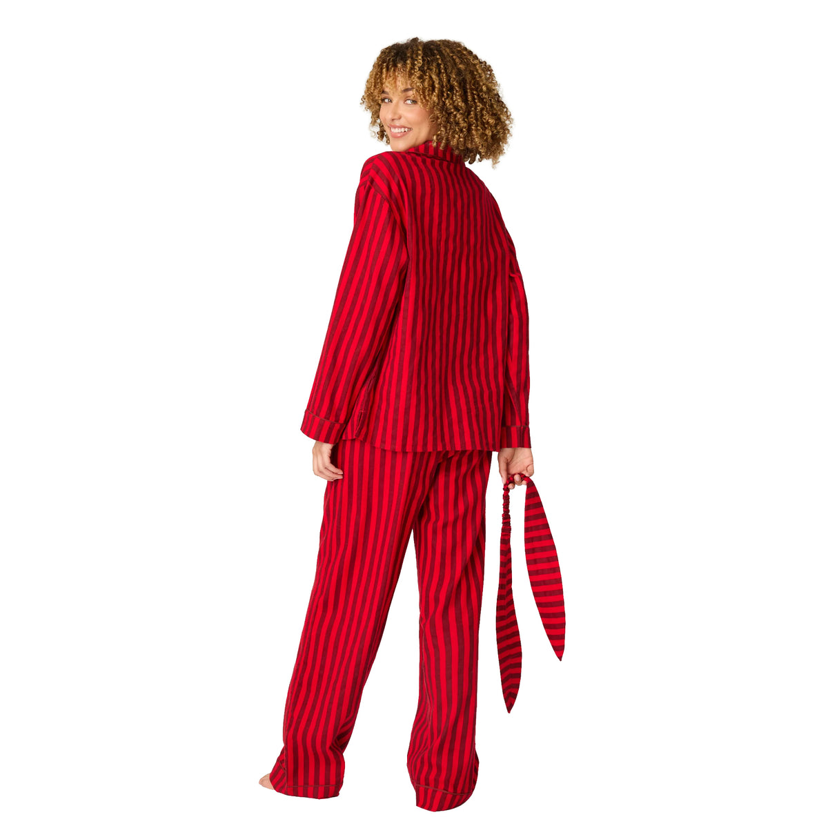 Red and burgundy striped flannel pajama set with long sleeves and relaxed-fit pants, back view.