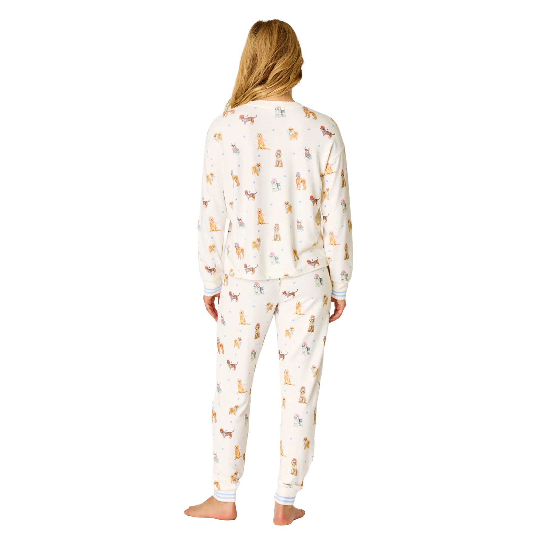 Back view of ivory dog-print pajama set featuring a relaxed long-sleeve top and matching jogger-style pants.