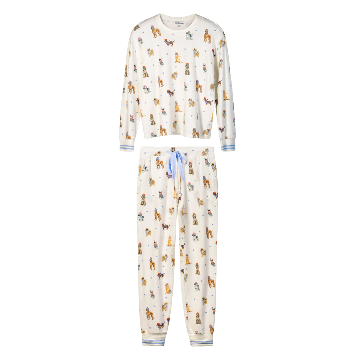 Ivory two-piece pajama set with long-sleeve top and matching dog-print pants featuring a blue drawstring and striped cuffs.
