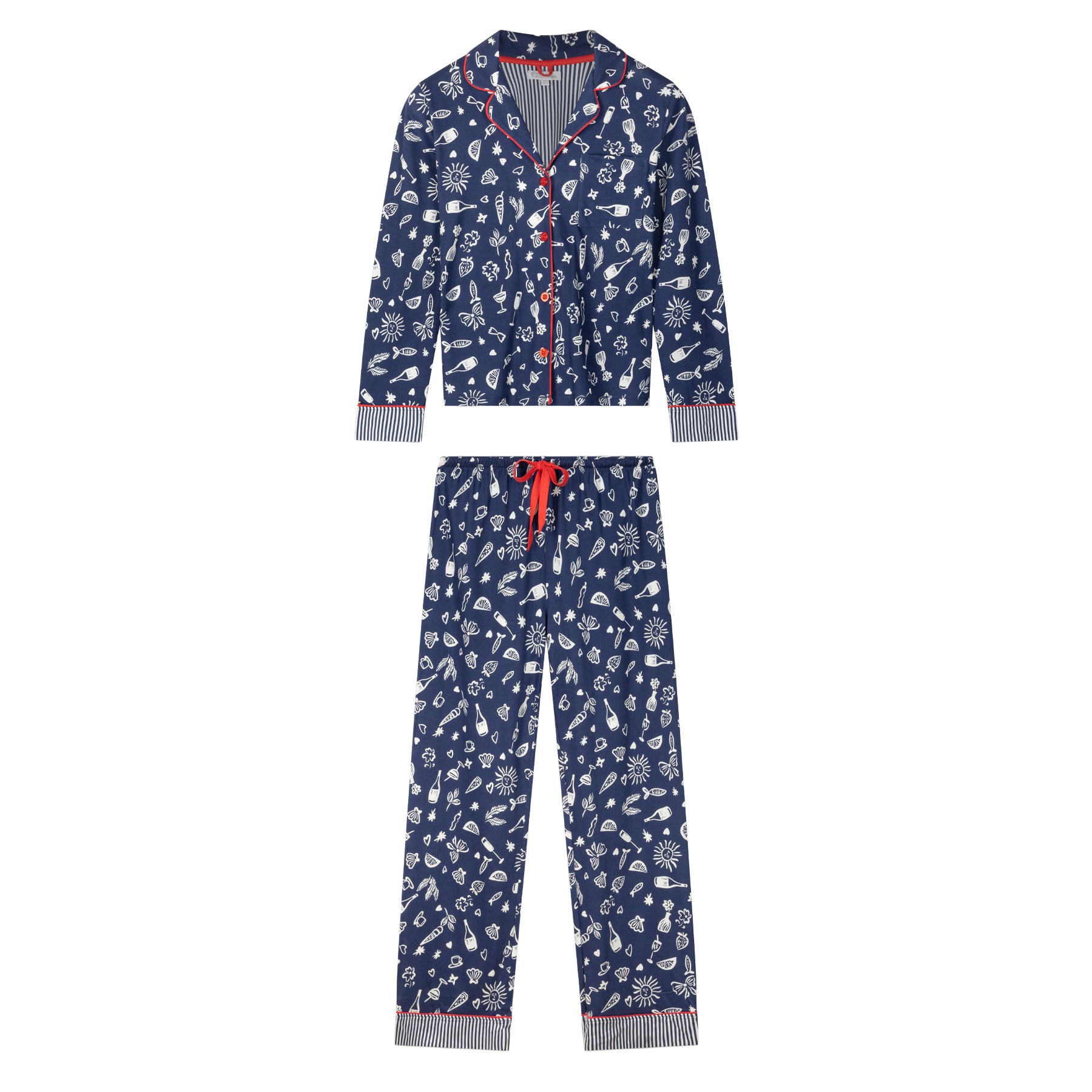 PJ Salvage navy Italy print PJ set with button-front top and full-length pajama pants.