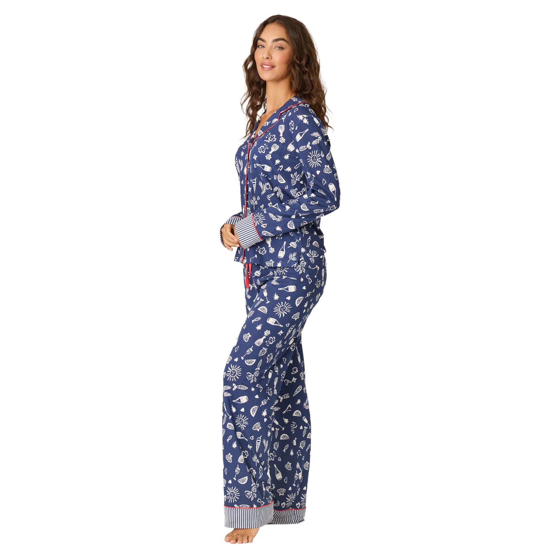 Side view of PJ Salvage navy Italy print PJ set with relaxed-fit pajama pants.