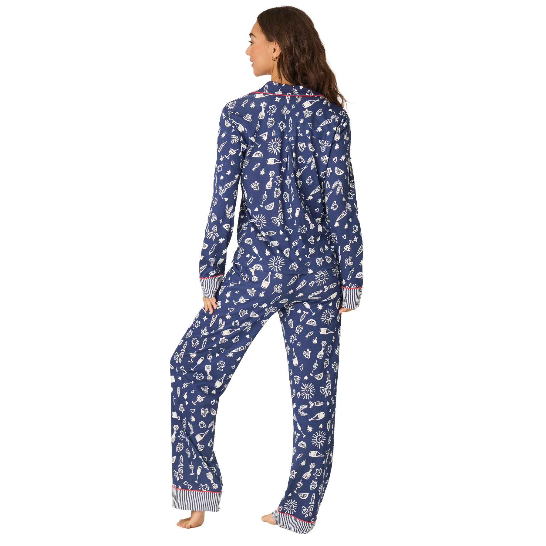 Back view of PJ Salvage navy Italy print PJ set with long-sleeve pajama top and pants.