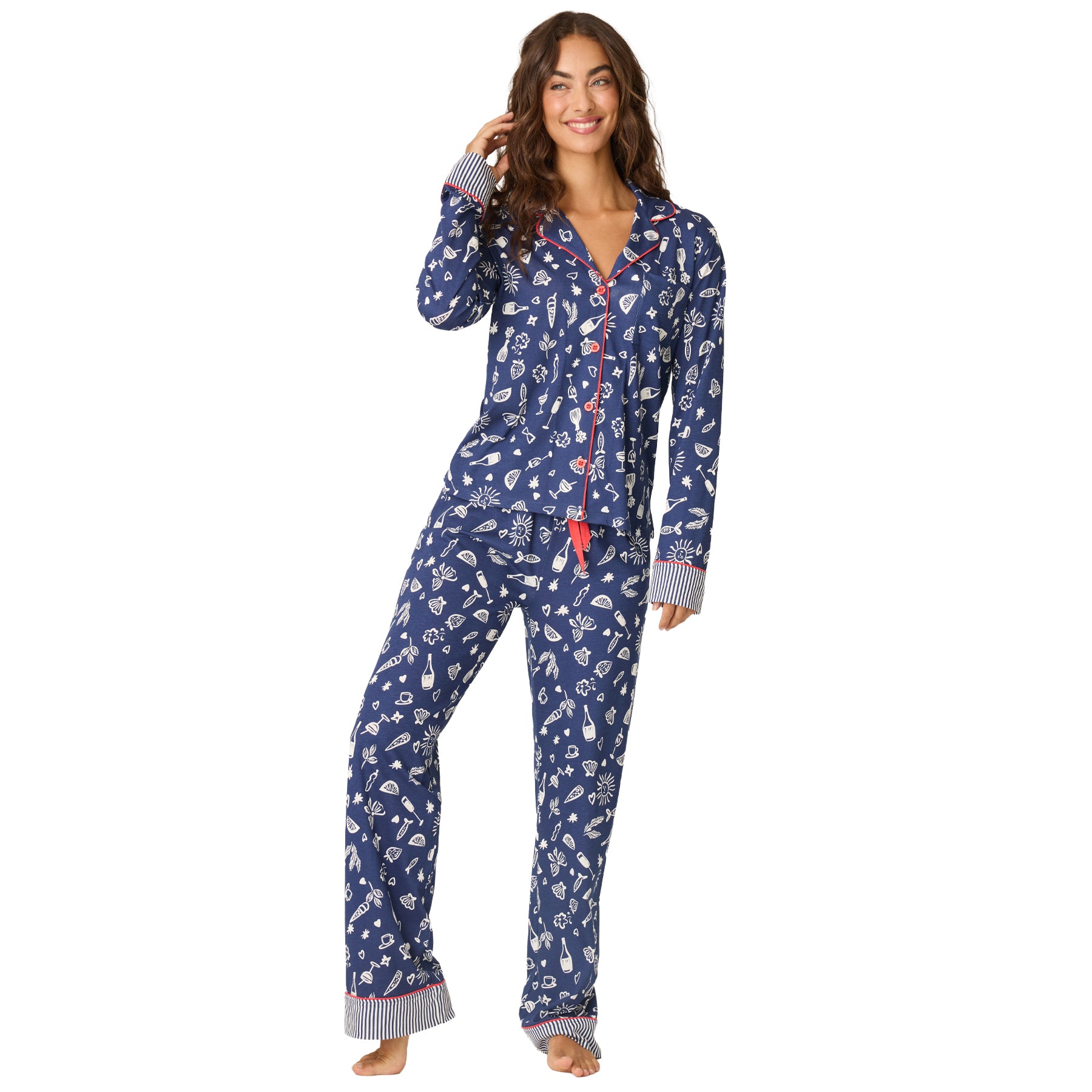 PJ Salvage navy Italy print PJ set with full-length pants, contrast trim, and relaxed fit.