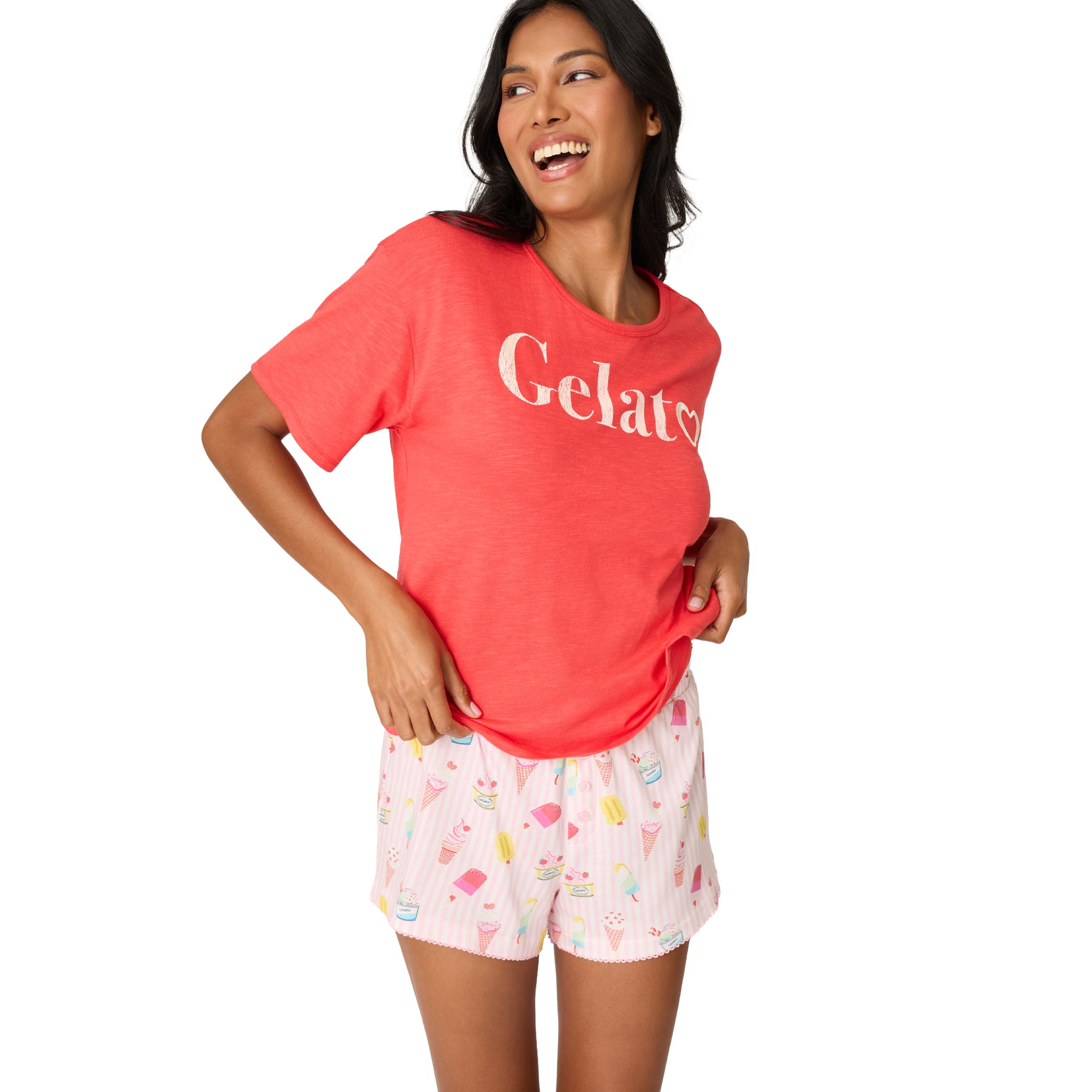 PJ Salvage coral gelato pajama short set featuring a relaxed-fit T-shirt and printed lounge shorts.