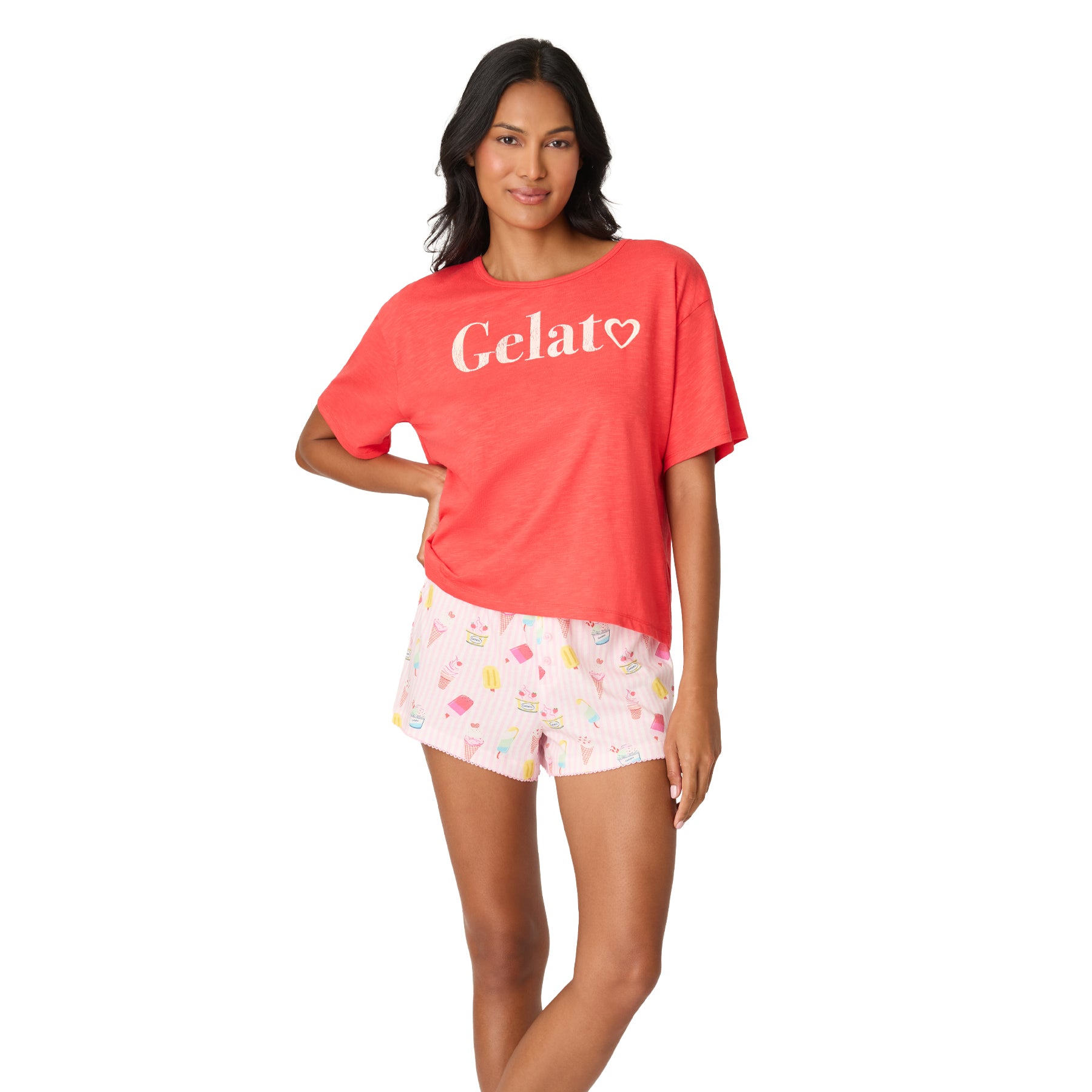 PJ Salvage coral gelato pajama short set with gelato graphic tee and striped ice cream print shorts.