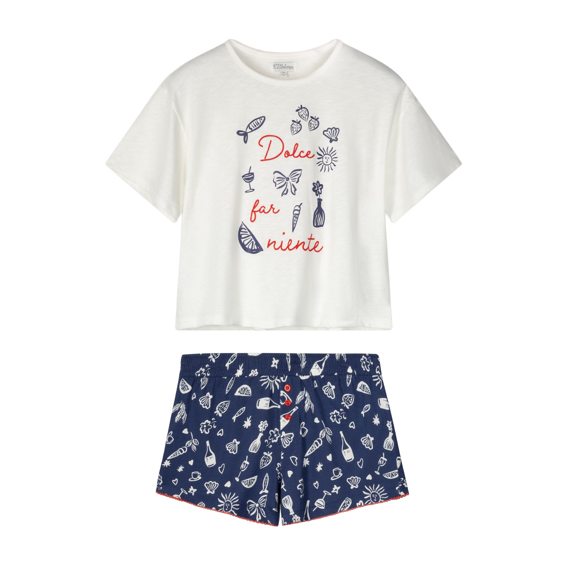 PJ Salvage Dolce Far Niente short pajama set featuring an ivory graphic sleep tee with Italian-inspired artwork and navy printed shorts with coral trim.