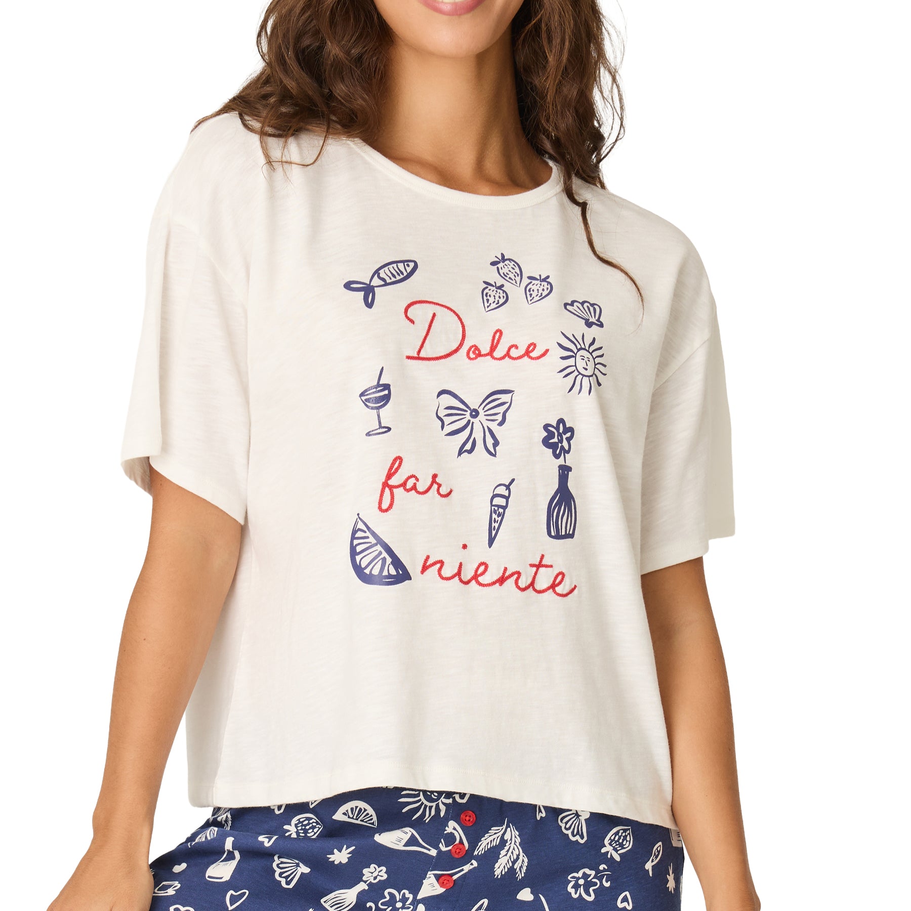 Close-up of PJ Salvage Dolce Far Niente pajama tee showcasing playful Mediterranean-inspired illustrations and relaxed fit.