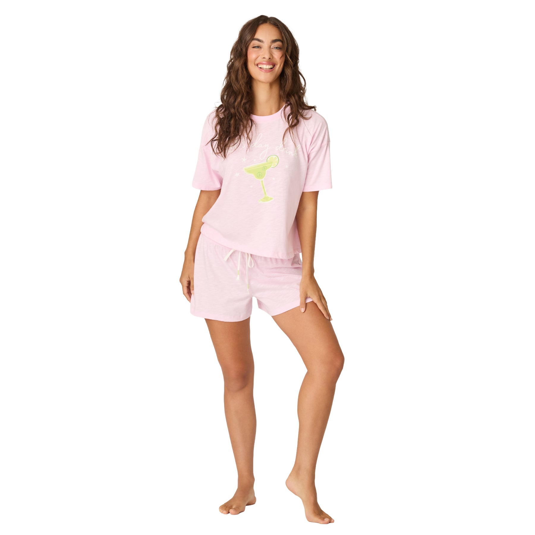 PJ Salvage purple summer short set with cocktail graphic T-shirt and drawstring shorts.