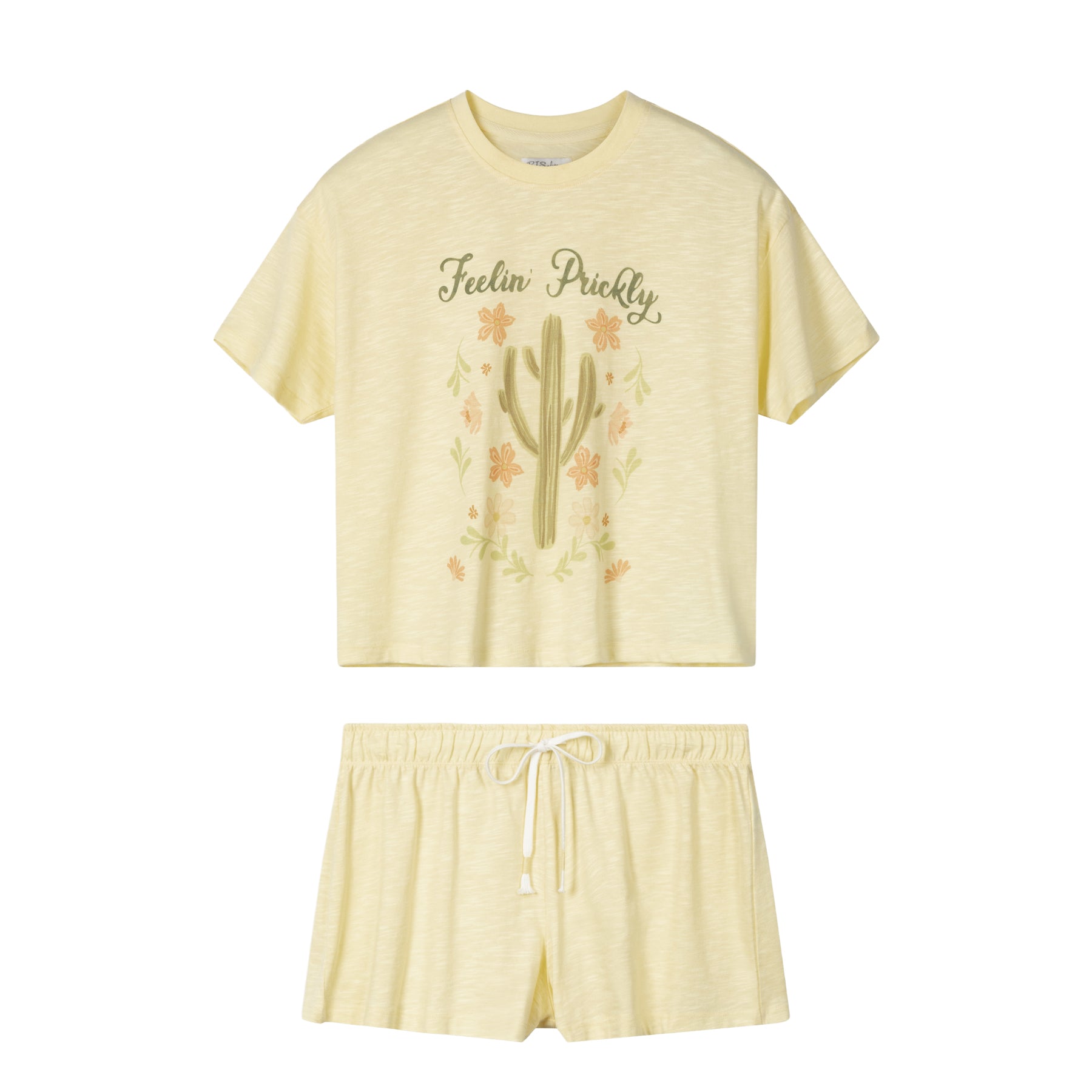 PJ Salvage pale yellow cactus short set with graphic T-shirt and drawstring shorts.