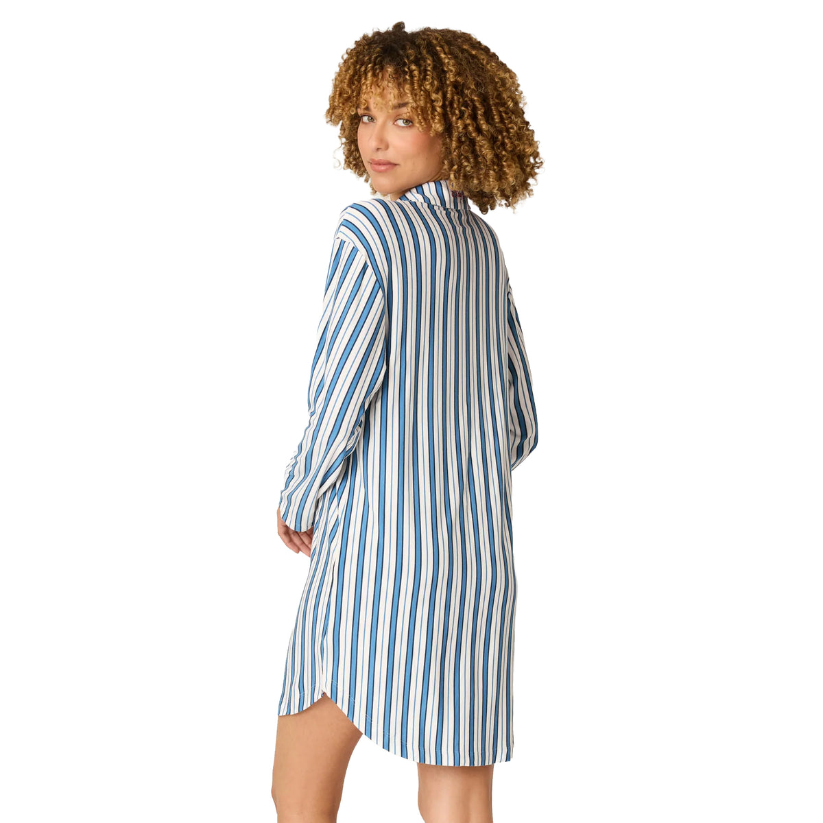 Back view of a blue and white striped long-sleeve sleep shirt with a relaxed fit and curved hem.