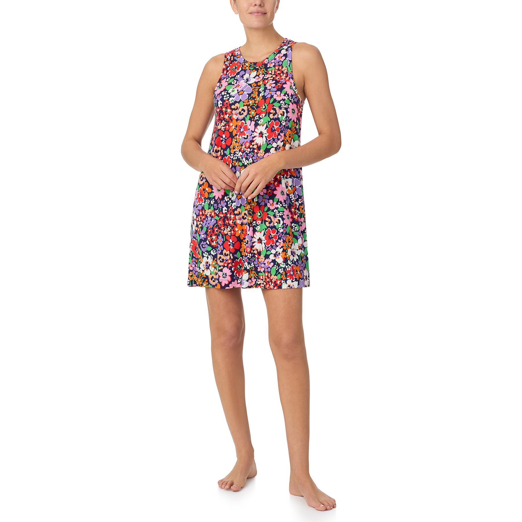 sanctuary sleeveless chemise in multi wildflower print in red, purple, orange flowers on a navy background. Front view on model.