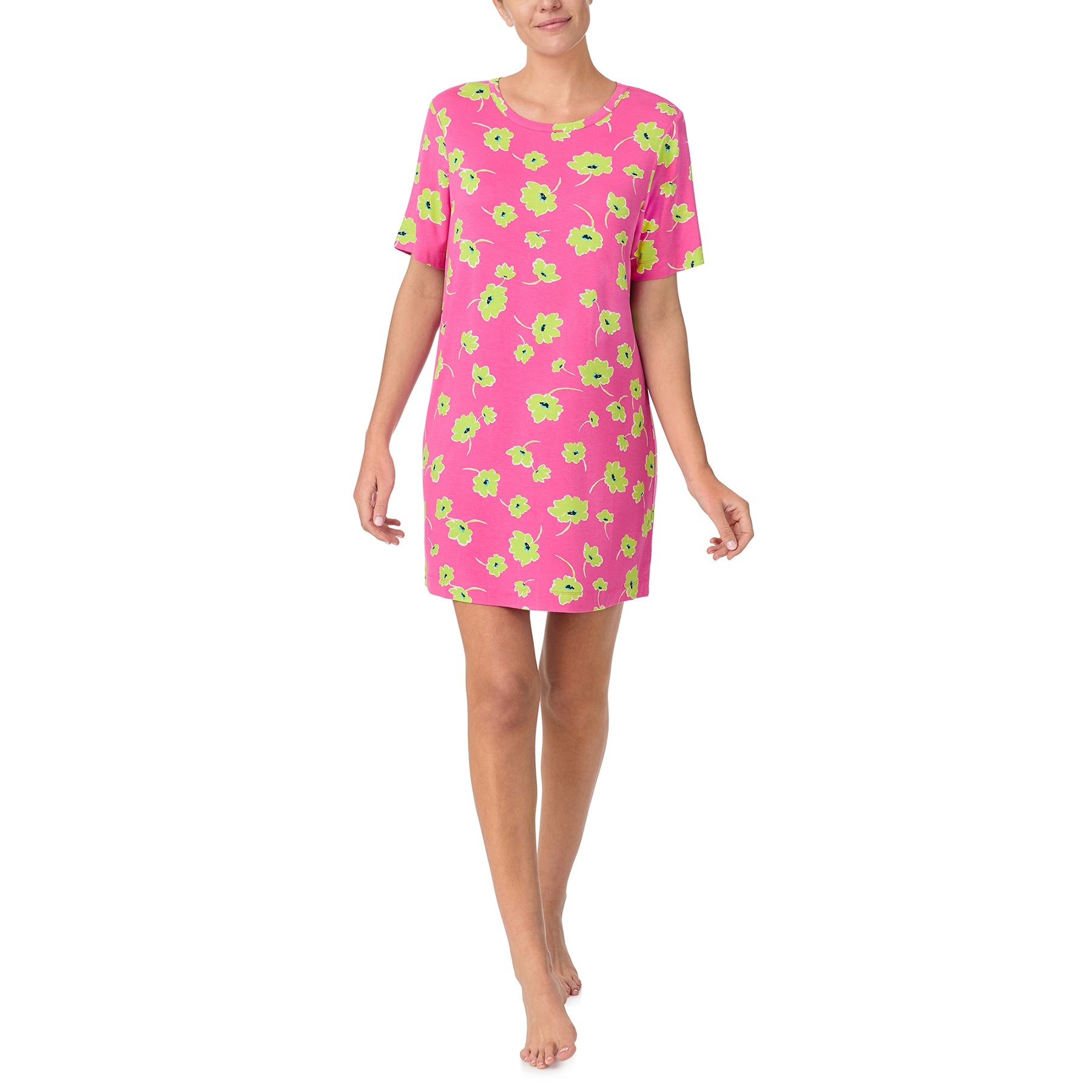 sanctuary short sleeve chemise in lime green poppy flower print on a hot pink background. Front view on model.