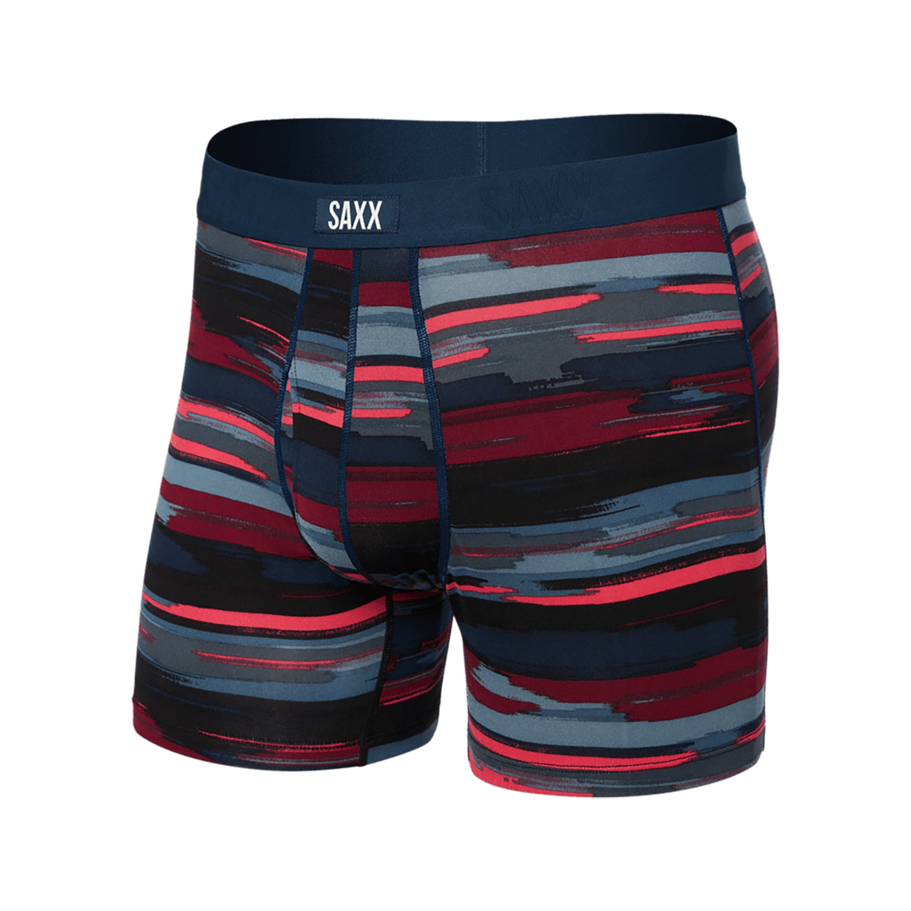 Front view of SAXX Daytripper Boxer Brief in Abstract Stripe Multi with SAXX logo waistband