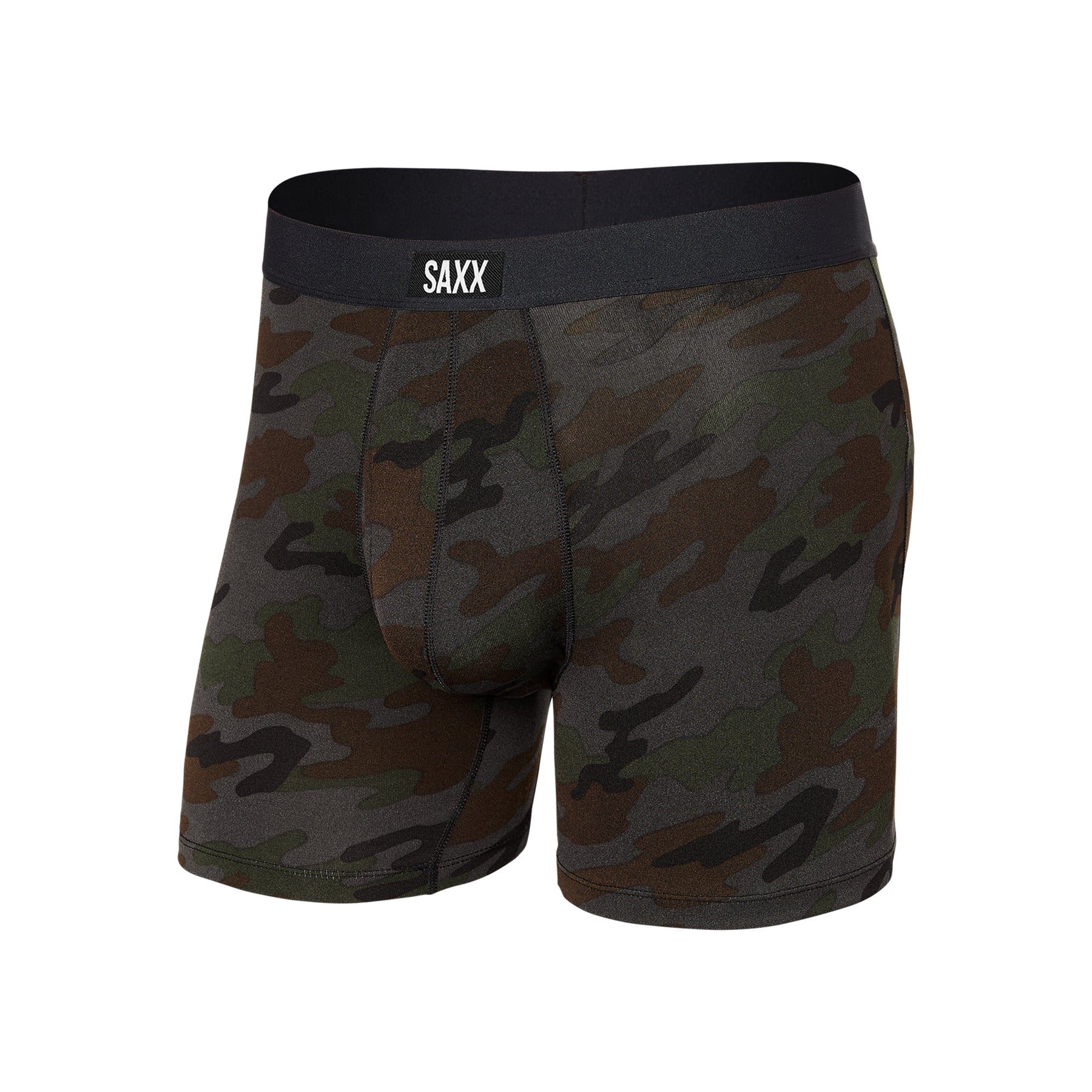 SAXX Daytripper comfort stretch boxer brief in black ops camo, flat lay front view highlighting contour pouch and soft waistband