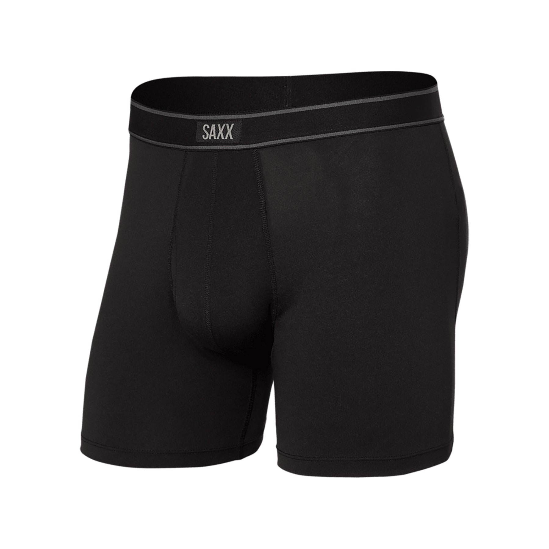 Front angled view of SAXX Daytripper boxer briefs in black with contoured pouch and soft stretch waistband.