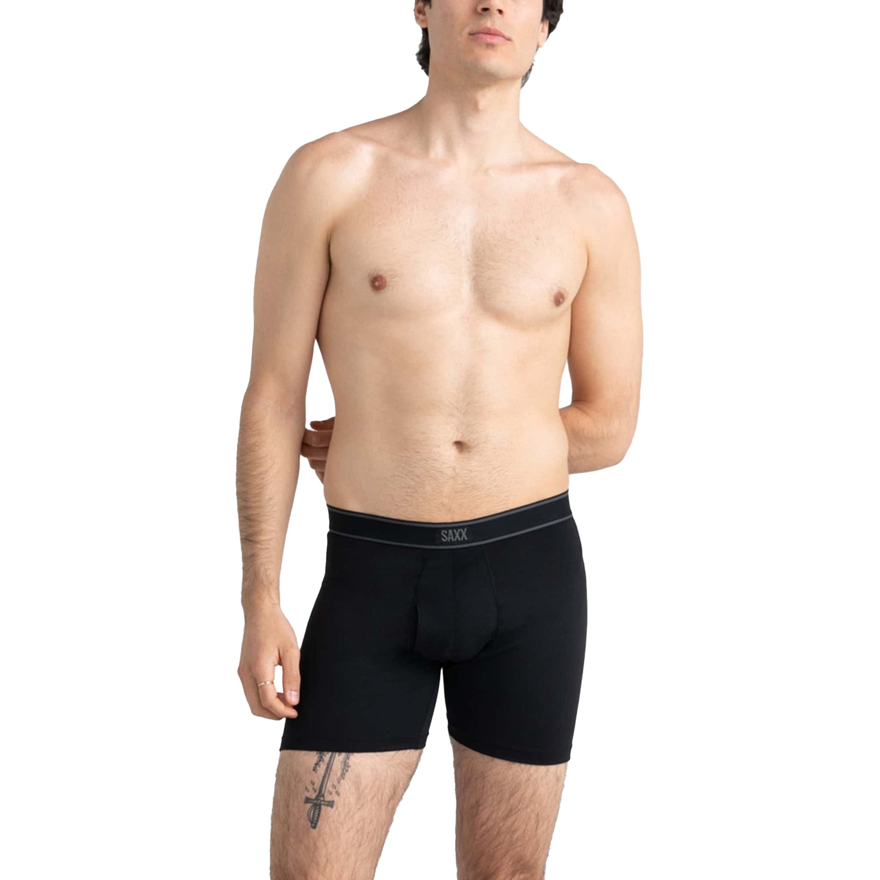 Front view of man modeling SAXX black boxer briefs with signature fly and supportive pouch.
