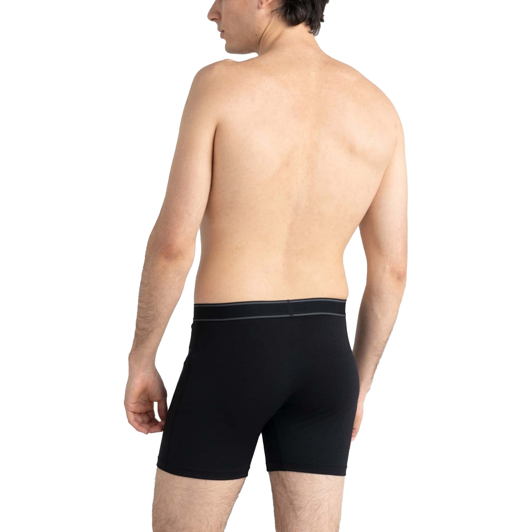 Back view of man wearing black SAXX Daytripper boxer briefs with elastic waistband and contoured fit.