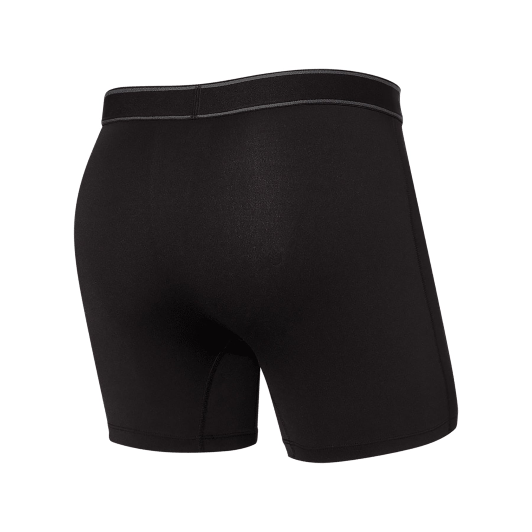 Back angle of SAXX black boxer briefs on flat display showing smooth seams and stretch fit.