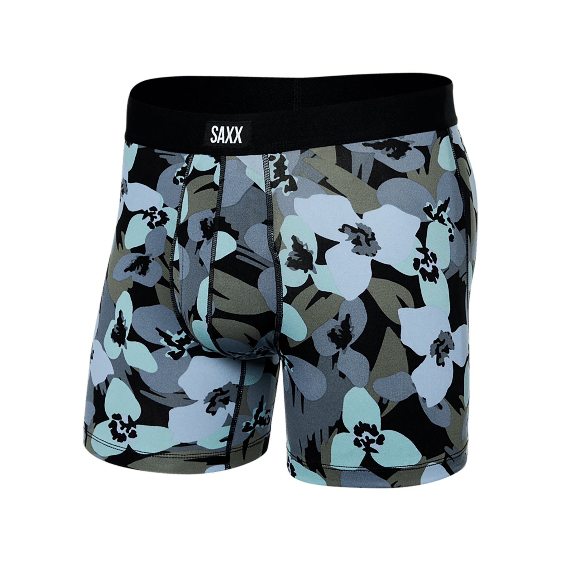 Front angled view of SAXX Daytripper boxer briefs with blue floral camo design - supportive pouch and contour fit.