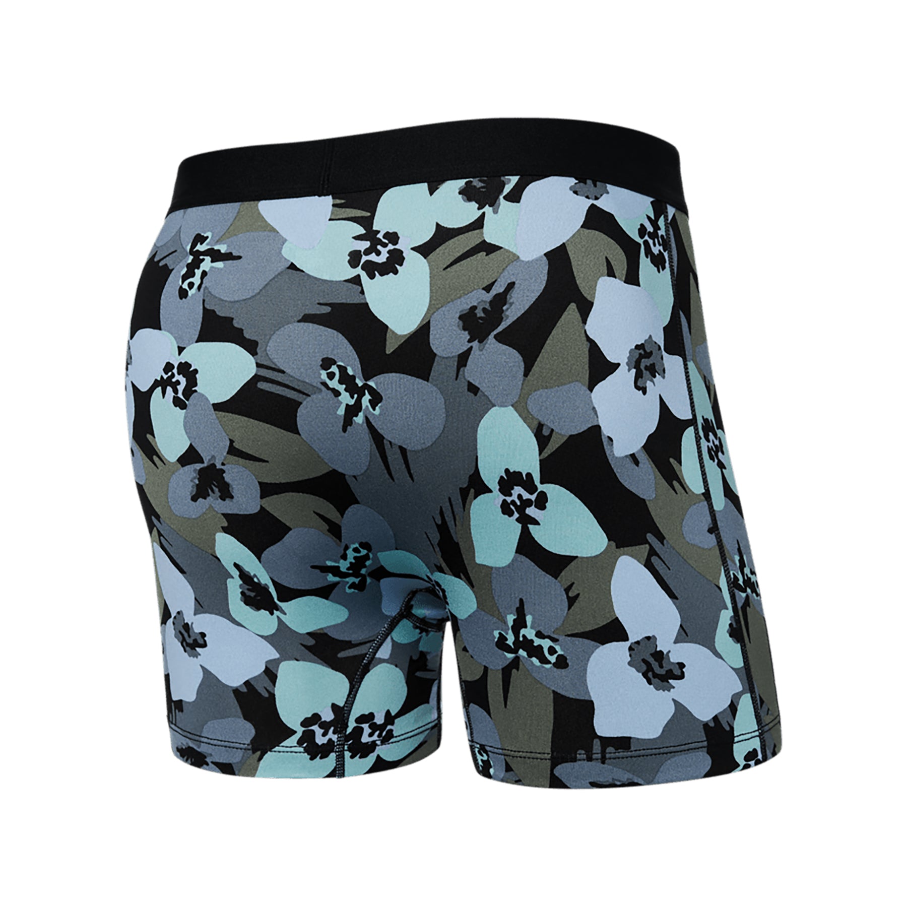 Back angle of SAXX Daytripper boxer briefs in blue camo floral pattern - soft stretch fabric and bold design.