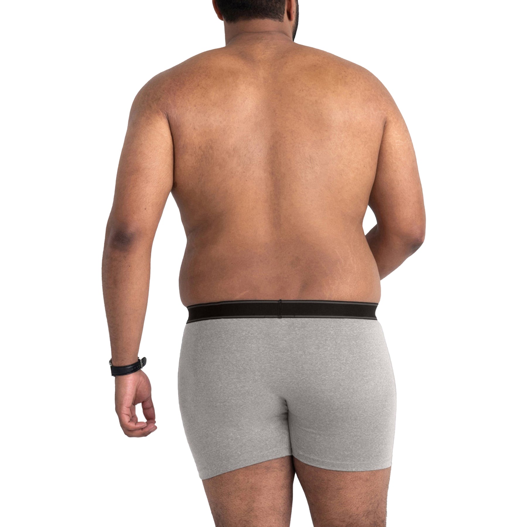 Back view of model wearing SAXX Daytripper boxer briefs in grey heather -  comfortable and supportive everyday fit.
