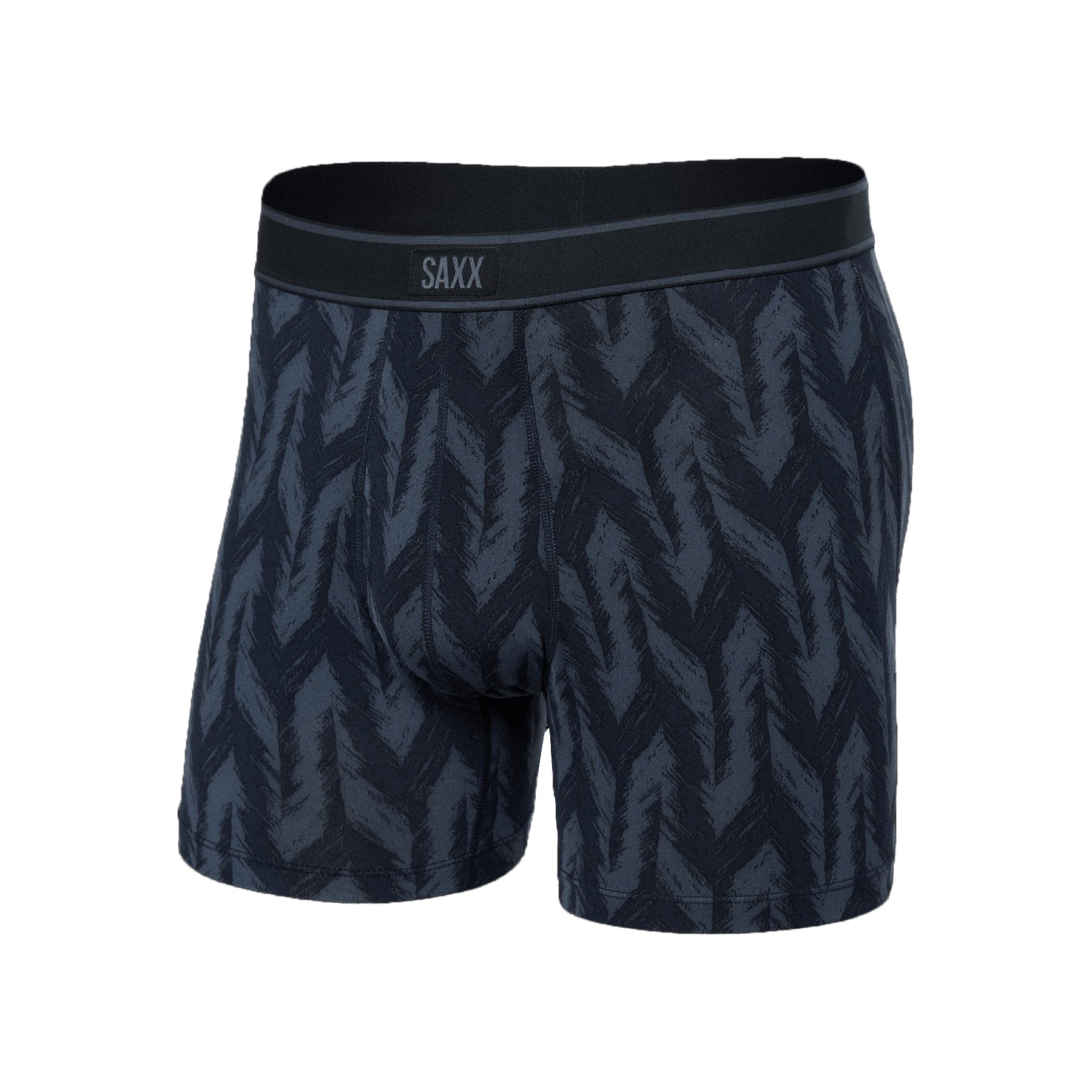 SAXX Daytripper Boxer Brief in Ikat Chevron Deep Navy – flat lay side angle showing pattern and fit