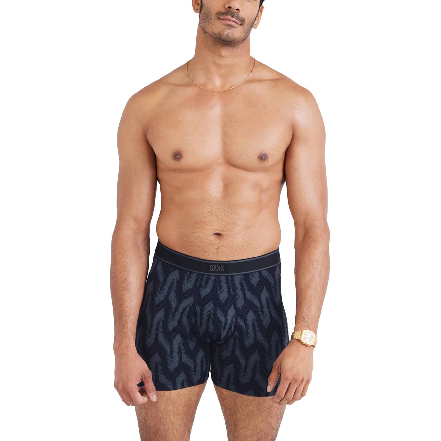 SAXX Daytripper Boxer Brief in Ikat Chevron Deep Navy – front view on model