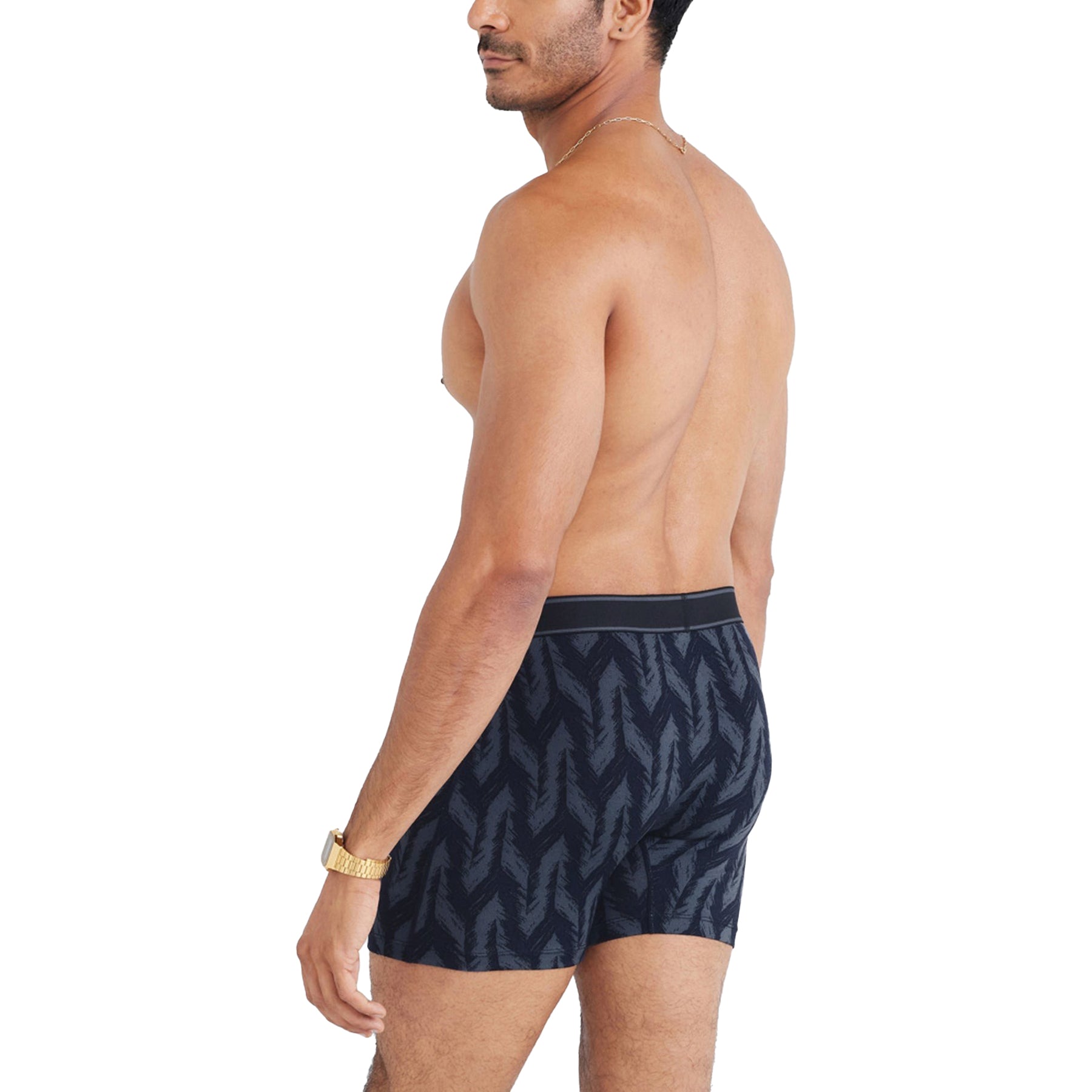SAXX Daytripper Boxer Brief in Ikat Chevron Deep Navy – back view on model