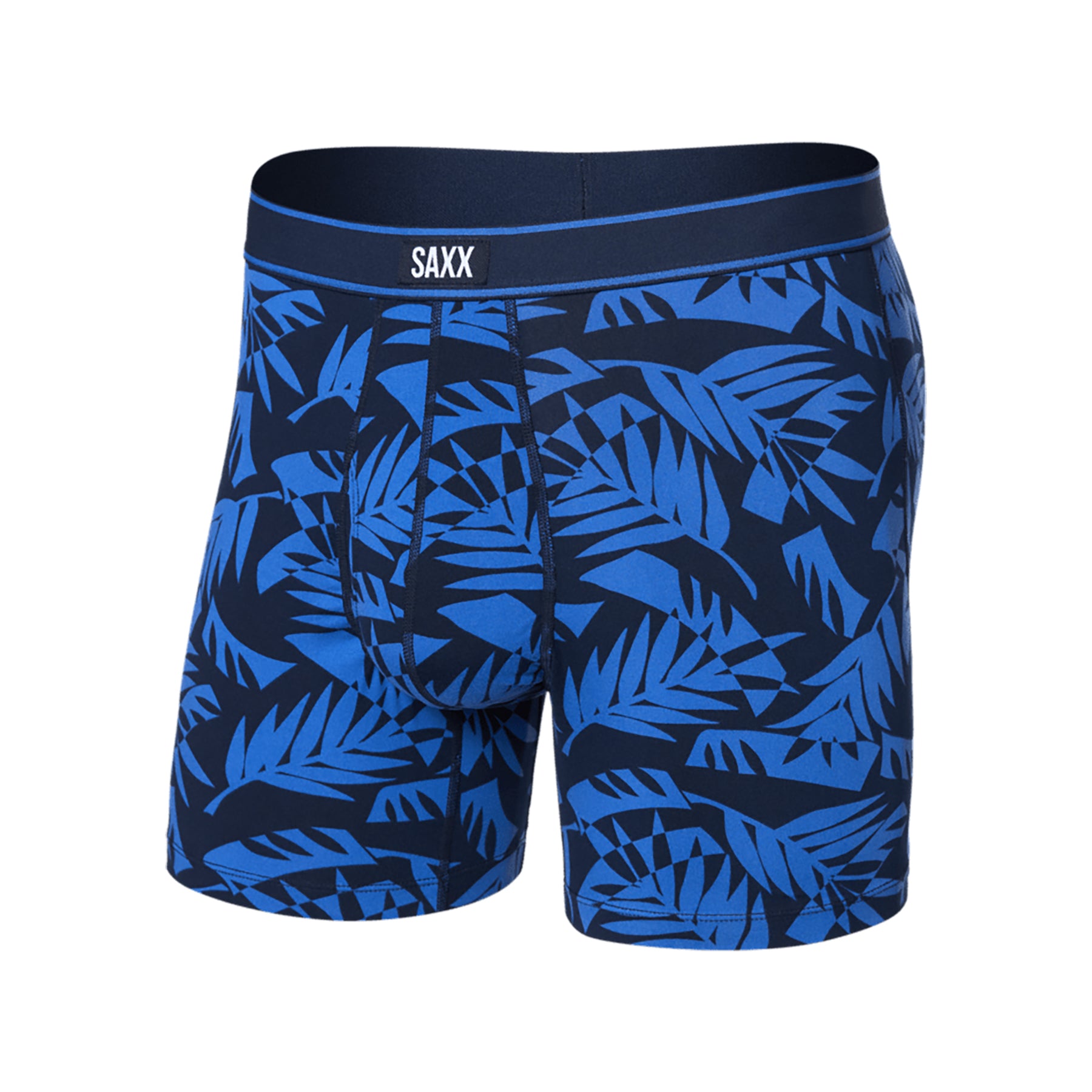 Front view of SAXX Daytripper Boxer Brief in Palm Frond Maritime with tropical leaf print on navy background.