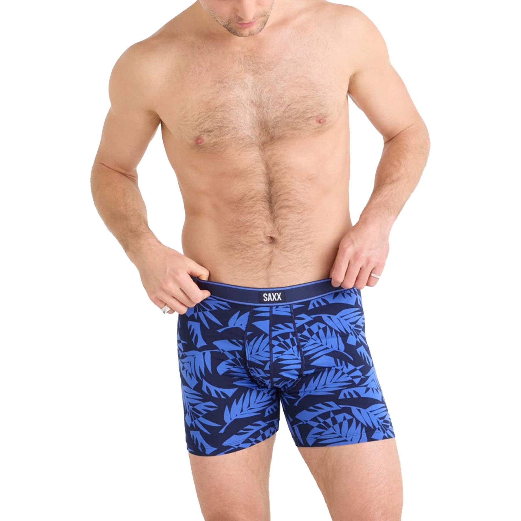 Model wearing SAXX Palm Frond Maritime Boxer Brief front view - men's printed performance underwear.