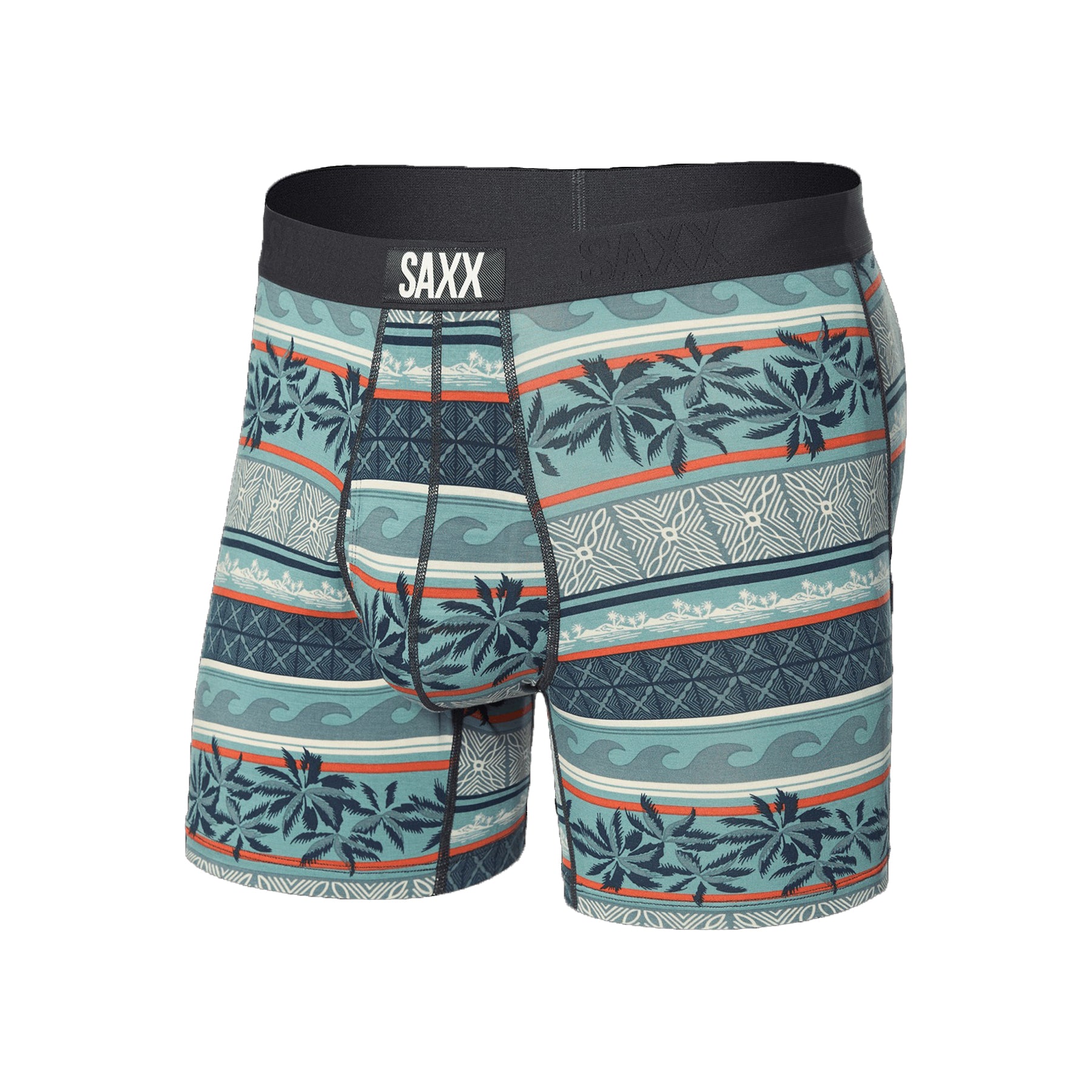 SAXX Ultra Boxer Brief with Fly in Beach Shack Stripe Teal – tropical stripe pattern boxer brief flat lay