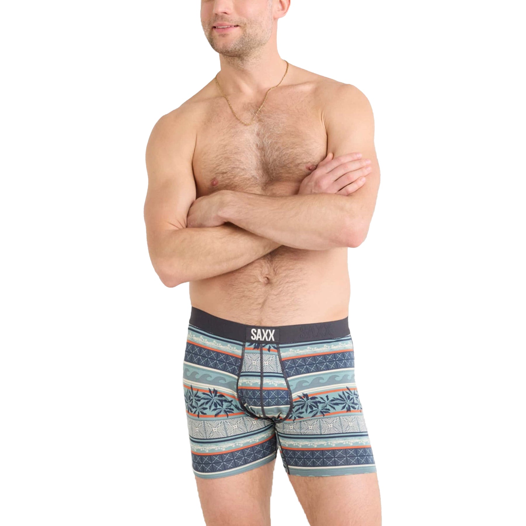 SAXX Ultra Boxer Brief with Fly in Beach Shack Stripe Teal – front view worn by model