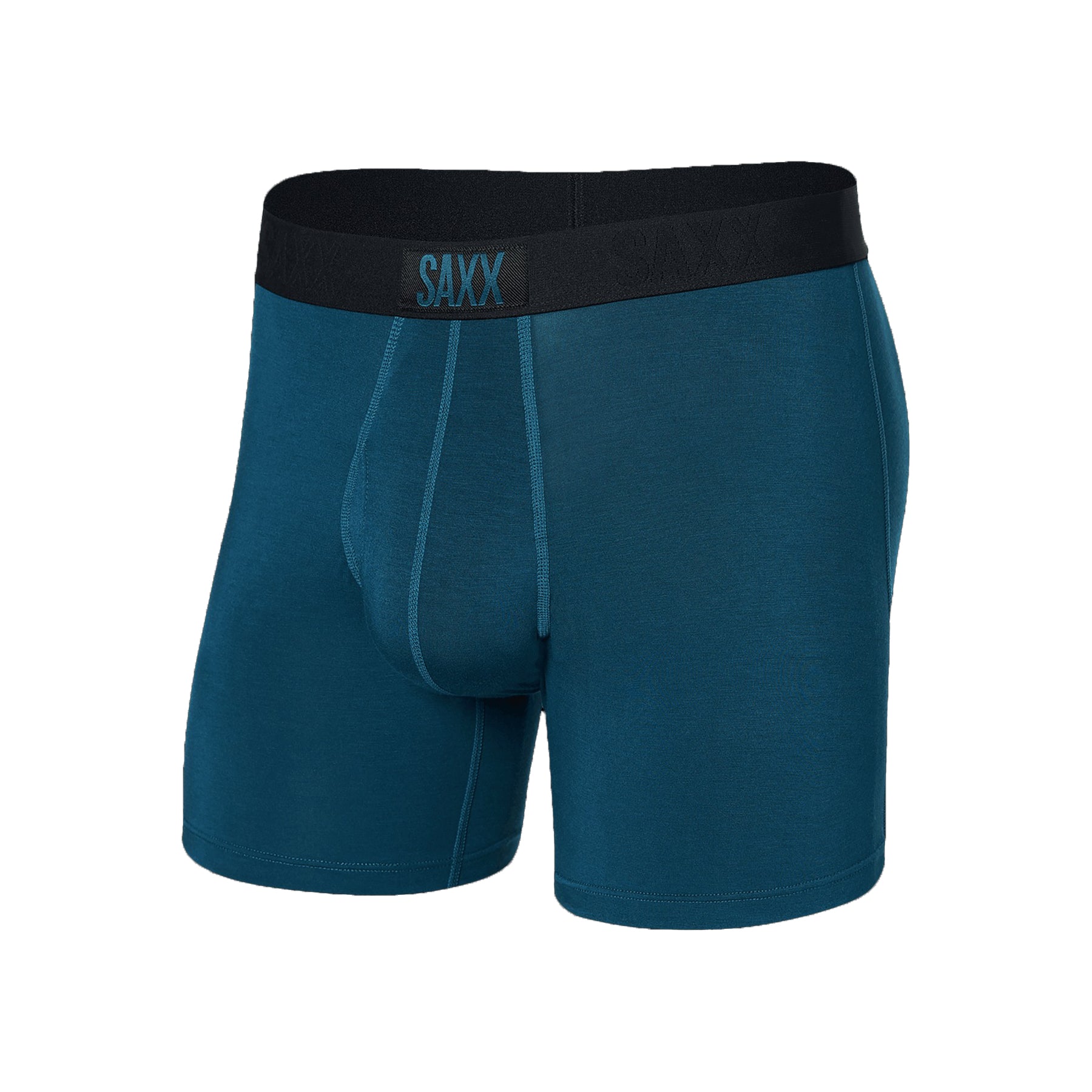SAXX Ultra Boxer Brief with Fly in Deep Ocean blue - flat lay product view showcasing black waistband and contoured pouch.