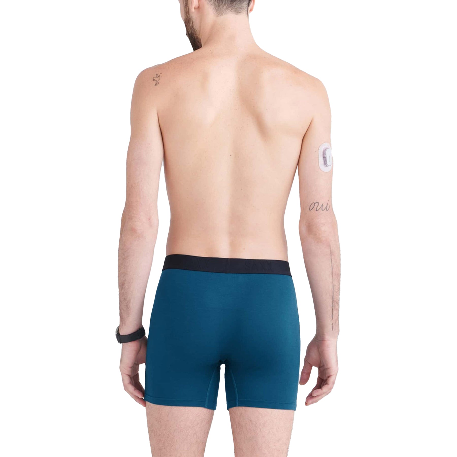 Rear view of SAXX Ultra Boxer Brief with Fly in Deep Ocean blue on model.