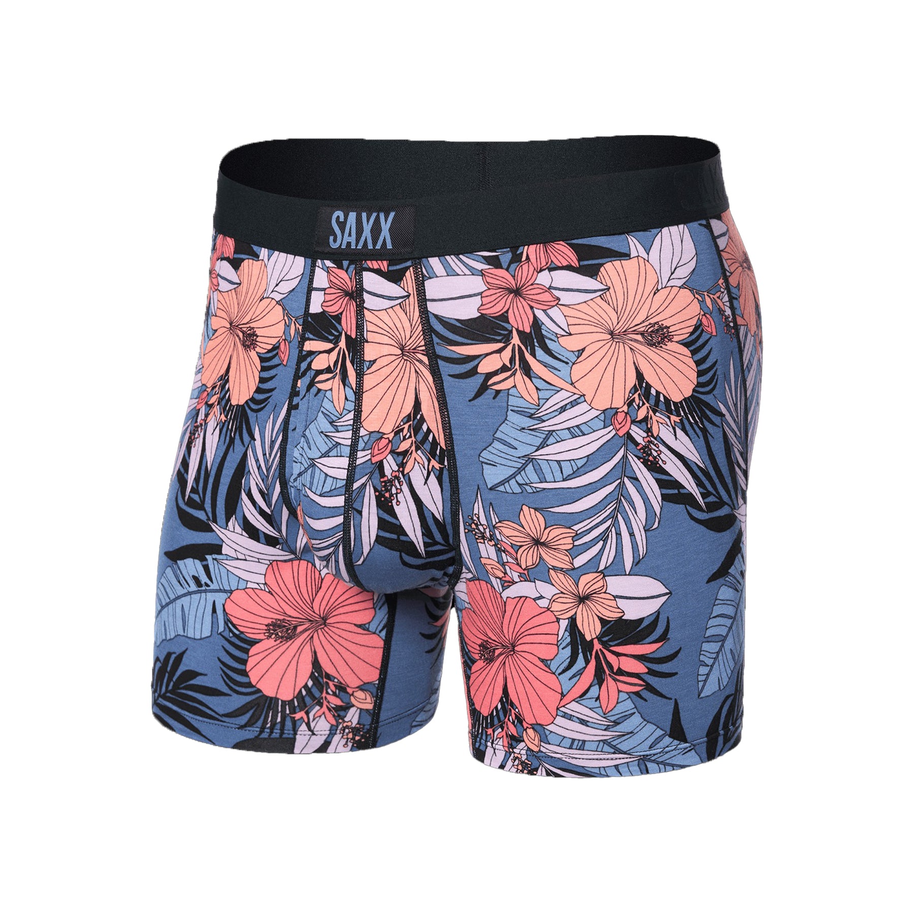 SAXX Ultra Boxer Brief with Fly in Hibiscus Jungle Blue - front product view showing floral print on blue base