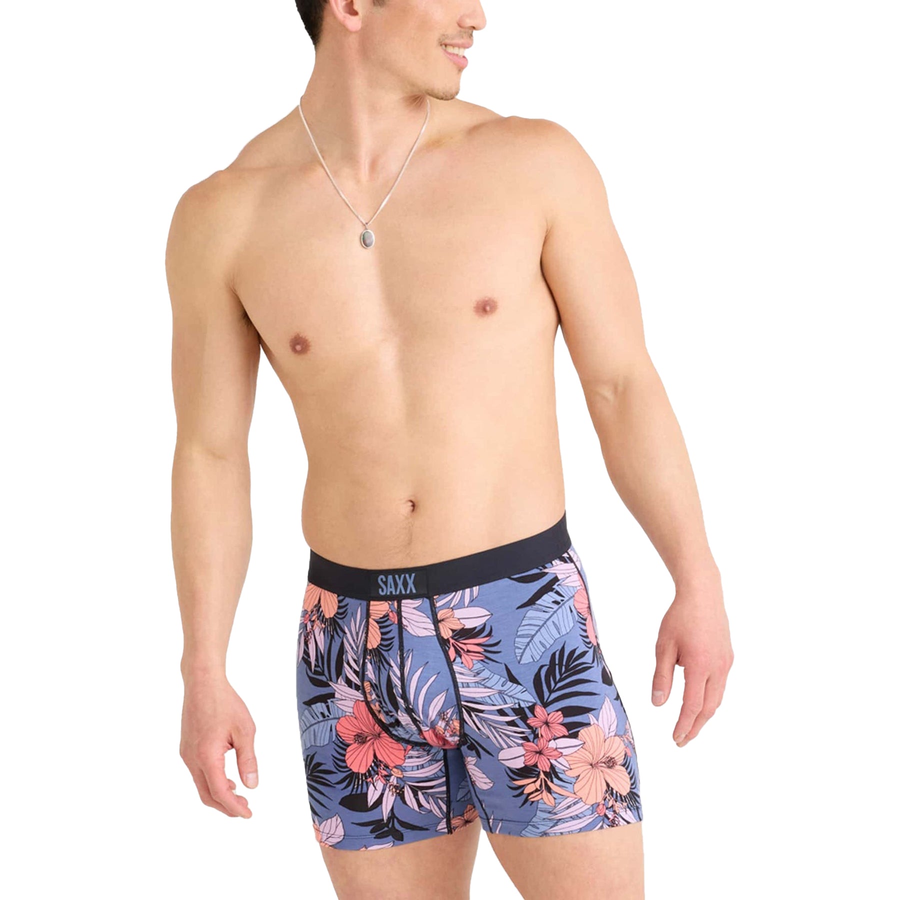 SAXX Ultra Boxer Brief with Fly in Hibiscus Jungle Blue - tropical floral print men's underwear with black waistband