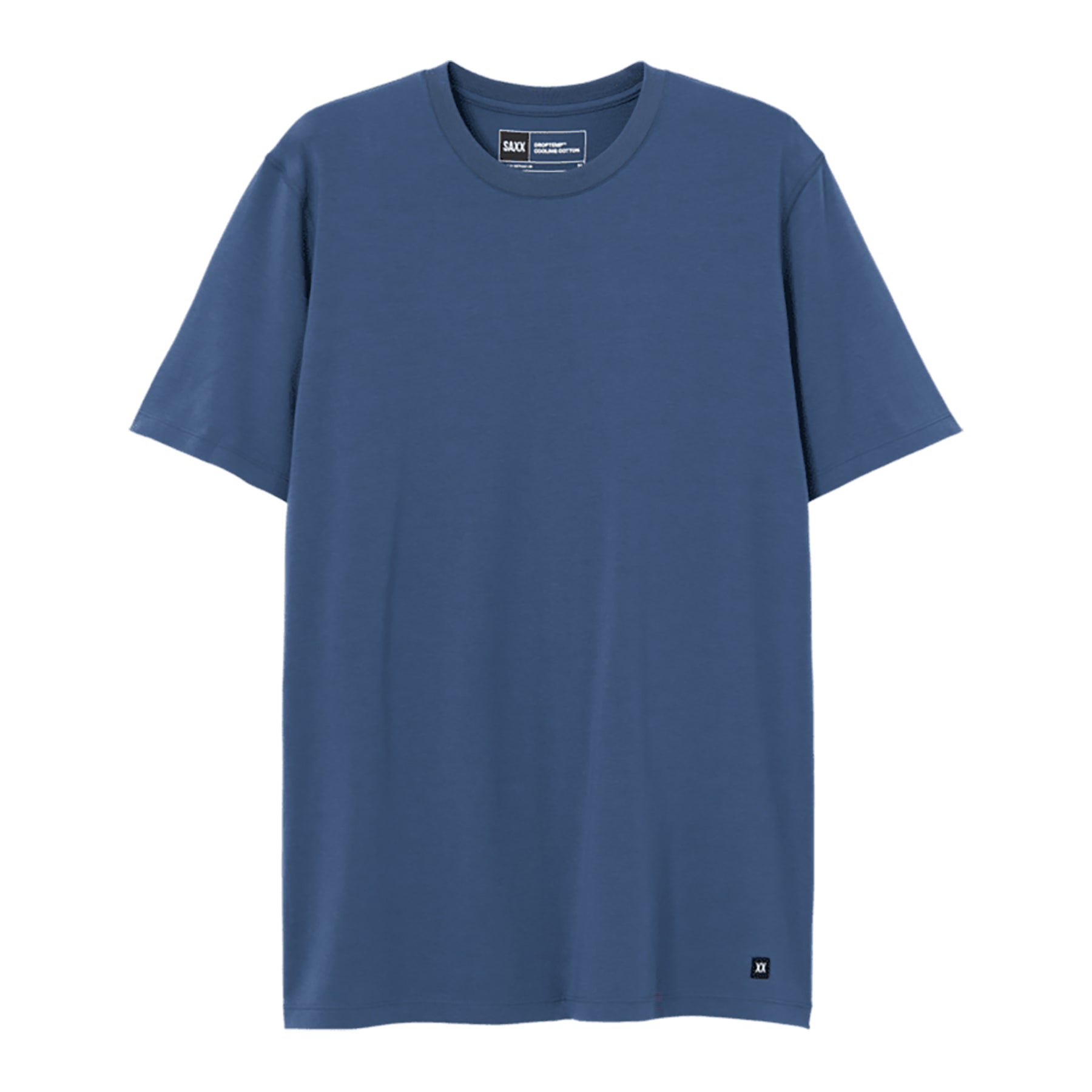 SAXX SXTS82 Short Sleeve Drop Temp Cooling TShirt in washed indigo blue. Flat lay without model.