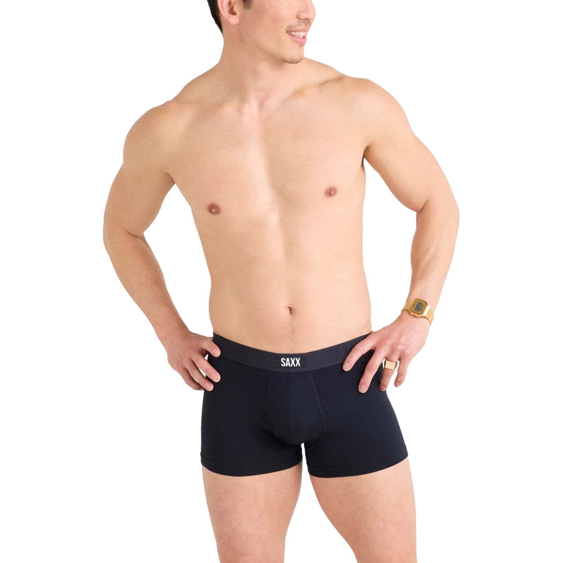 Front view - model wearing SAXX Vibe Xtra Trunk Fly Boxer in black